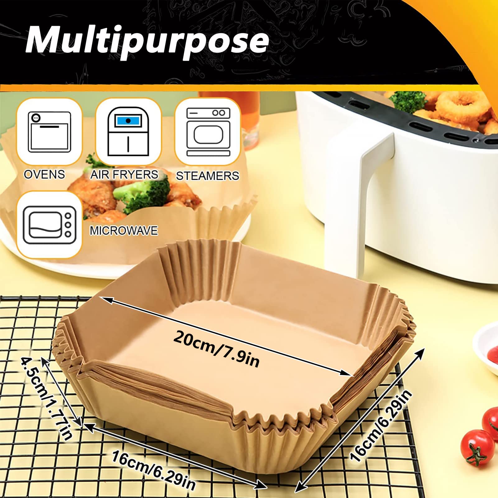 7.9 Inch Square Air Fryer Disposable Paper Liners - 100 PCS Non-Stick Parchment Sheets, Oil Resistant & Food Safe Baking Paper for Roasting, Microwaving - Perfect for Air Fryers, Toaster Ovens & Microwave Cooking