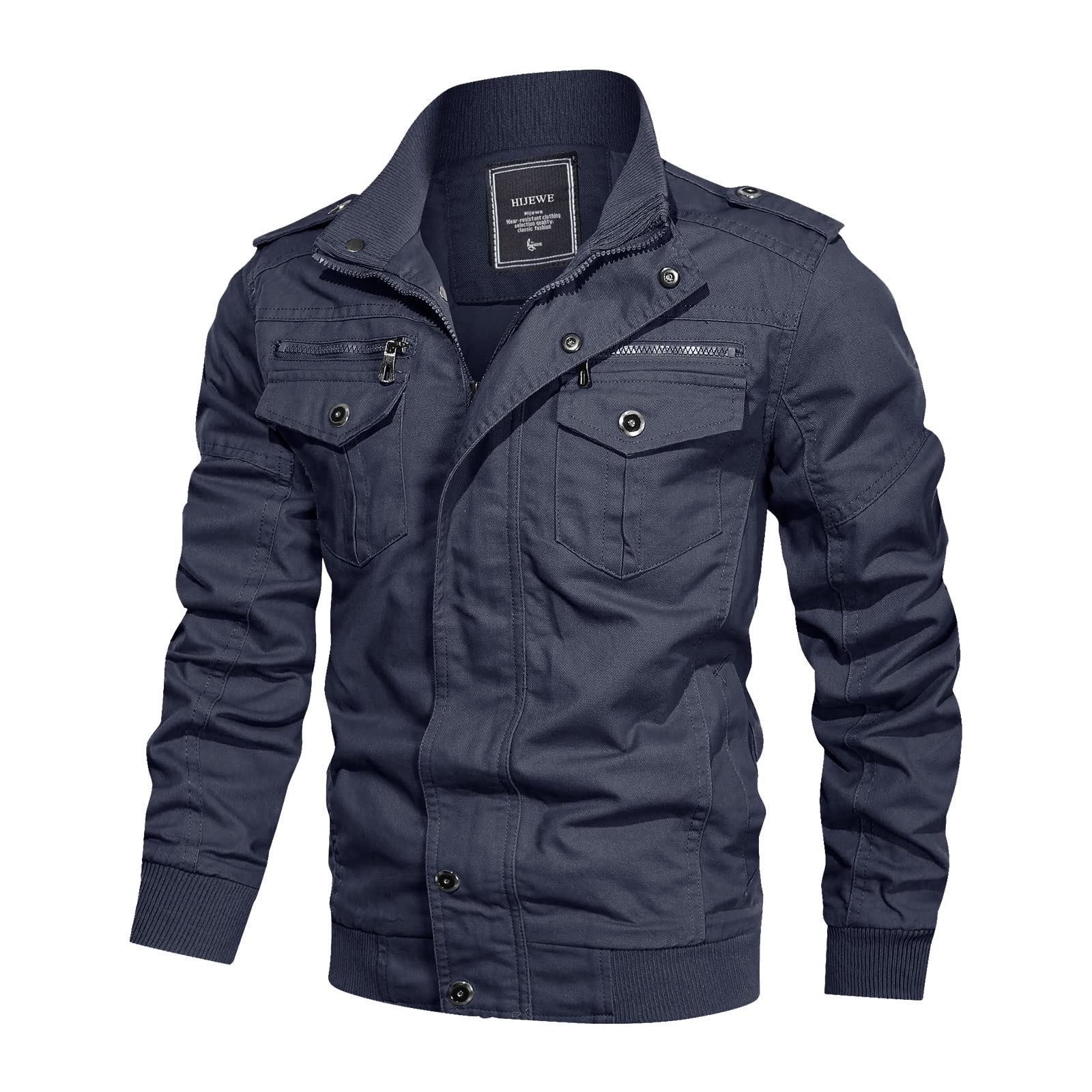 HIJEWE Men's Military Jacket - Cotton Utility Coat for Spring & Fall | Durable Army Cargo Bomber Jacket with Stand Collar & Multi-Pockets | Perfect for Outdoor Activities, Hiking, Camping & Casual Wear