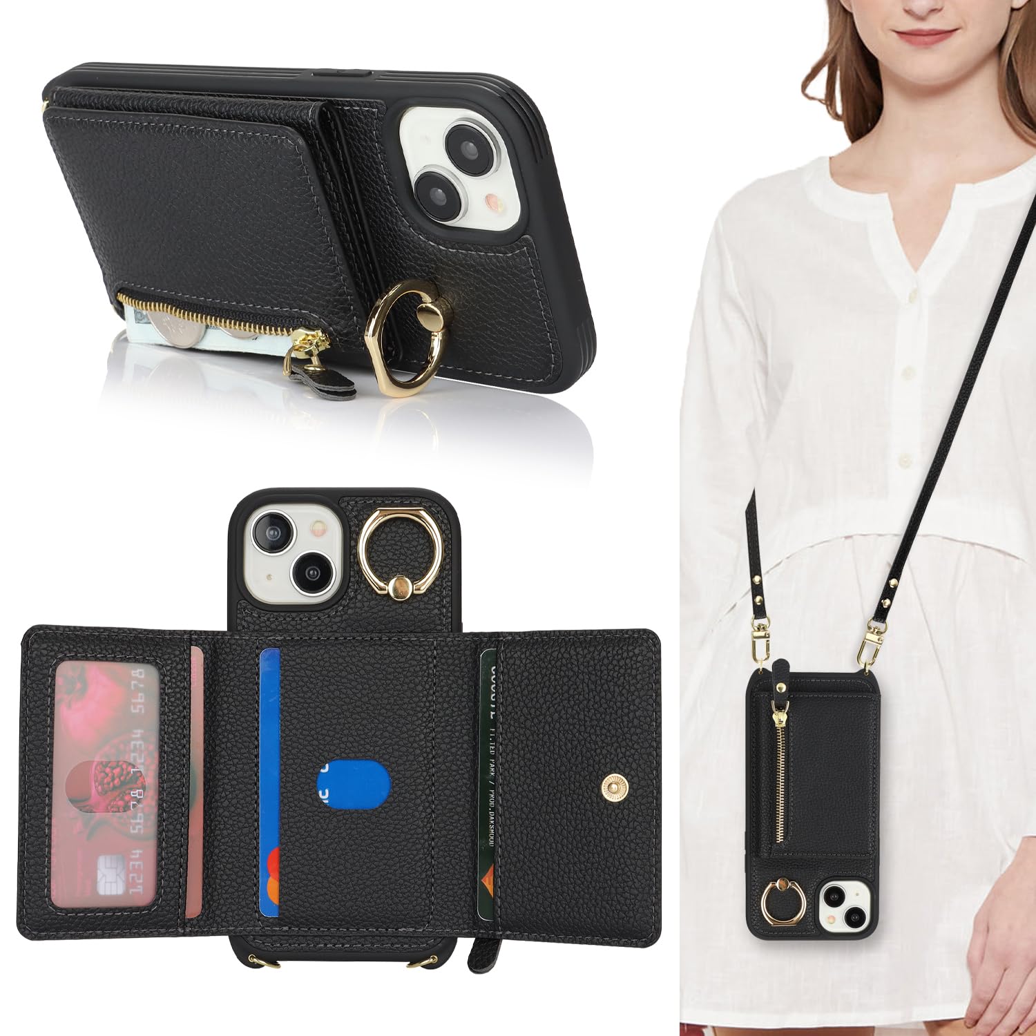 Premium Leather iPhone 13 Mini Case with Card Holder & Crossbody Strap - Wallet Phone Case with Zipper Pocket & Stand Ring for Women (Black) - Perfect for Travel, Shopping & Everyday Use