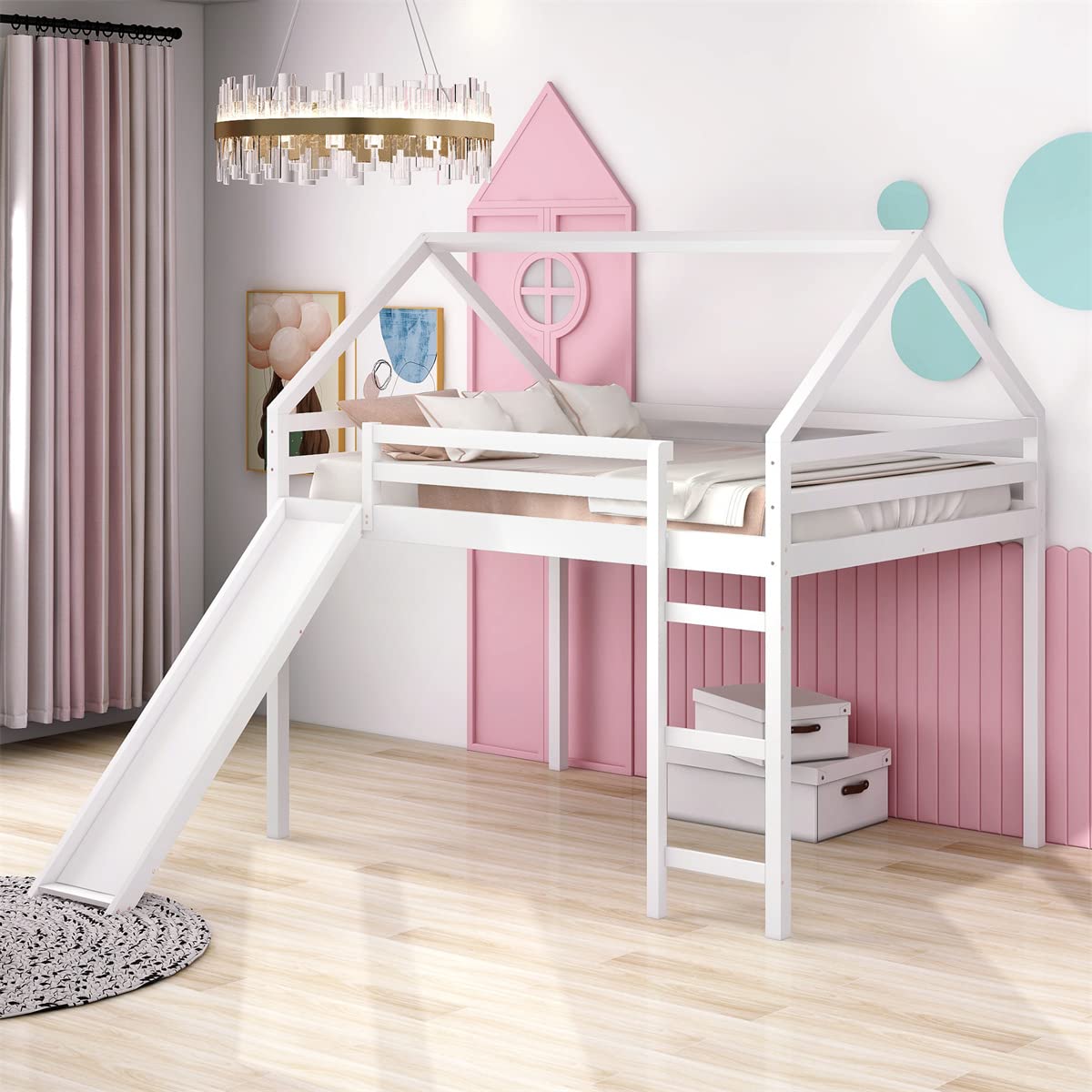 Full Size Loft Bed with Slide - Solid Wood House Bed Frame with Safety Guardrails & Ladder - No Box Spring Needed - Wood Slats Support - White - Perfect for Kids' Bedroom, Playroom or Small Space Living