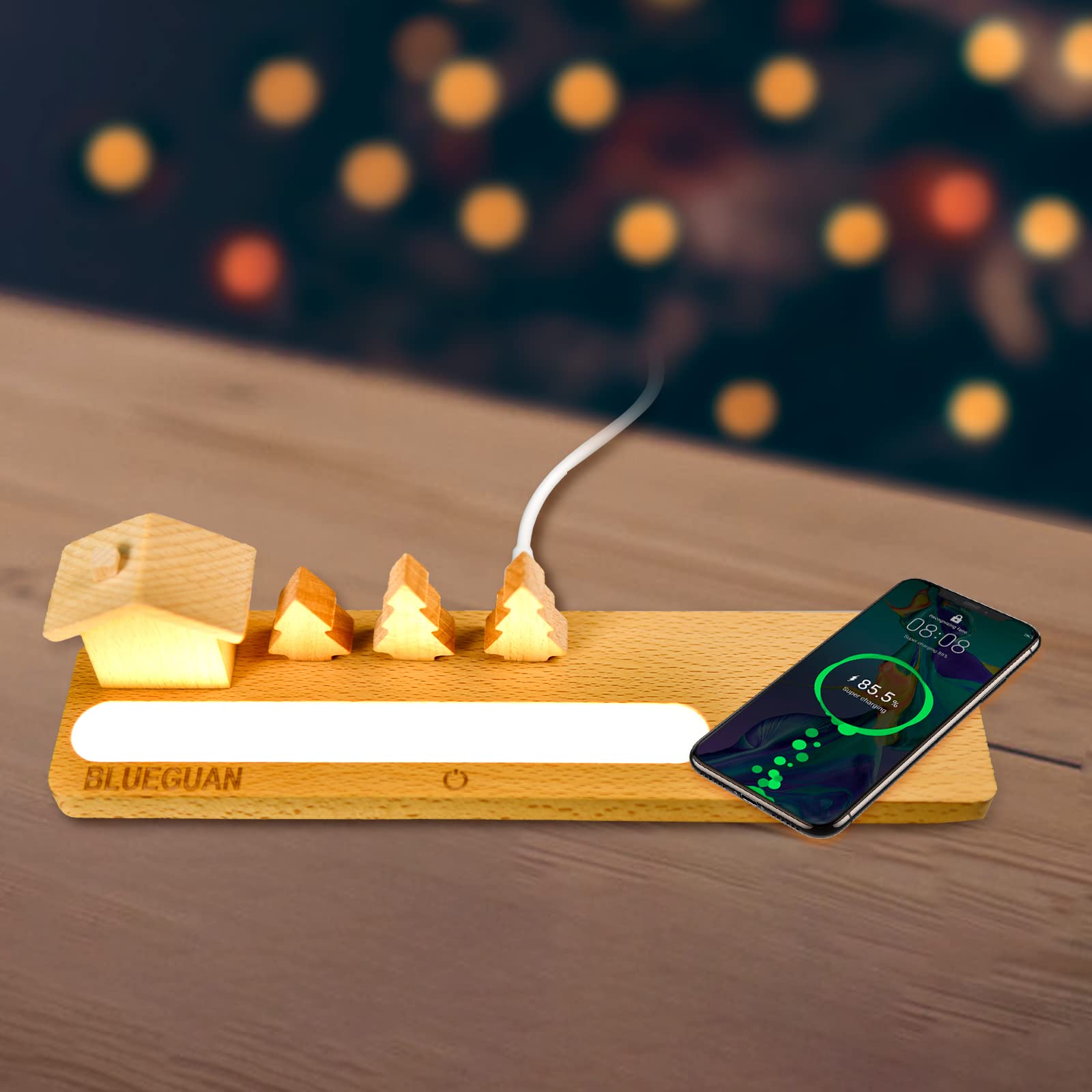 Blueguan Wireless Charging Night Light - Modern Bedside Lamp with Fast Wireless Charger, A-Grade Beech Wood LED Desk Light, Touch Control & Adjustable Brightness | Perfect for Bedroom, Nursery, Office & Home Decor