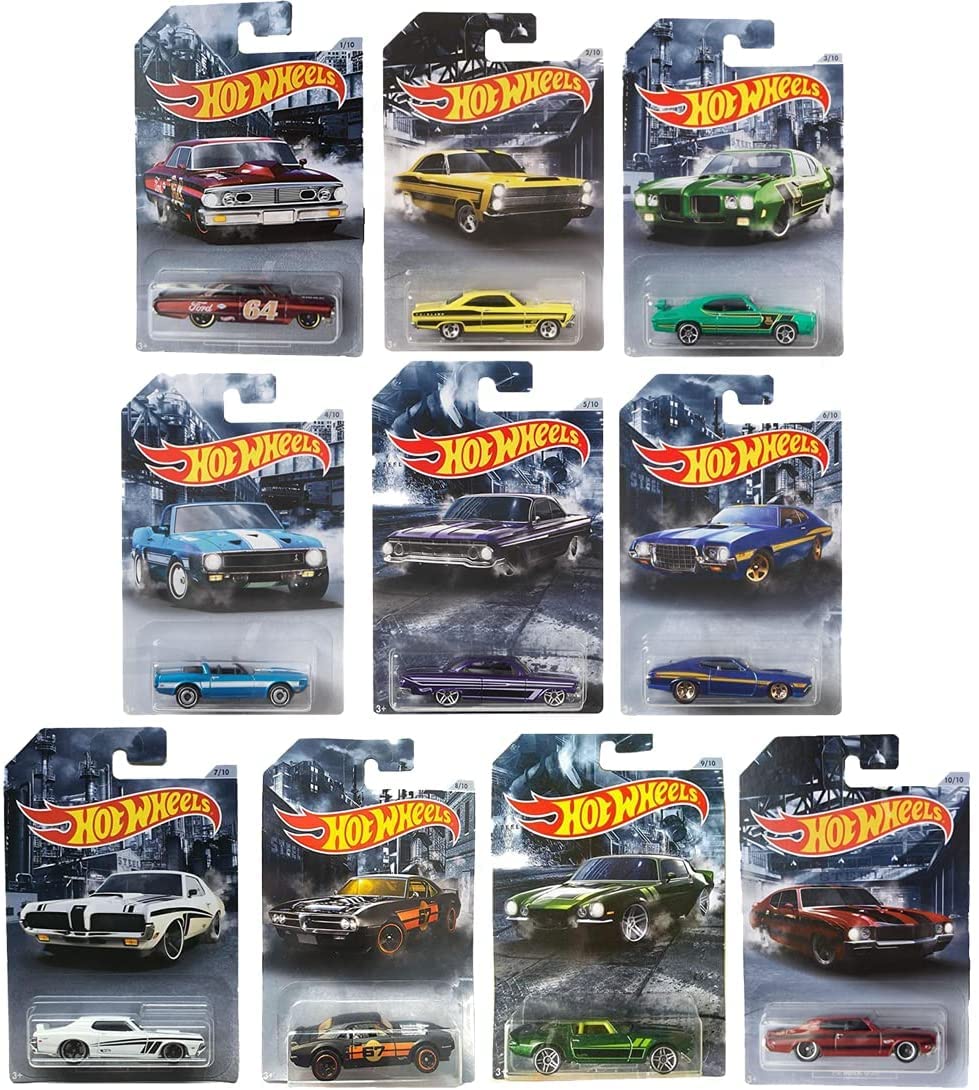 Hot Wheels 2020 American Steel Muscle Cars - 10-Piece Diecast Vehicle Collection for Kids & Collectors - Perfect for Play, Display, and Racing Tracks