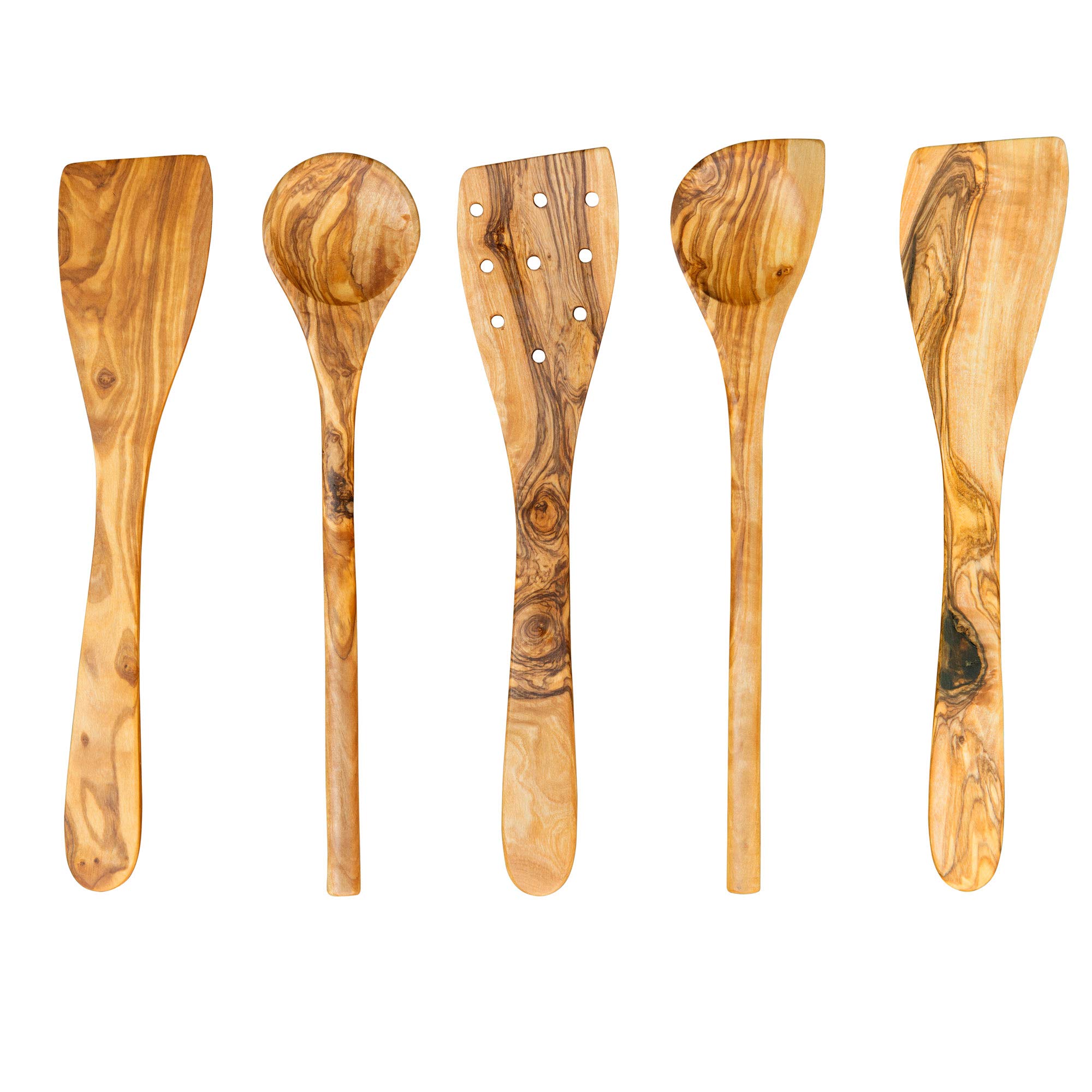 Tramanto 5-Piece Olive Wood Utensil Set - 12 Inch Wooden Spatula & Spoon Kitchen Tools, Handcrafted Rustic Cooking Accessories - Perfect for Home Chefs, Wedding Gifts & Farmhouse Style Kitchens