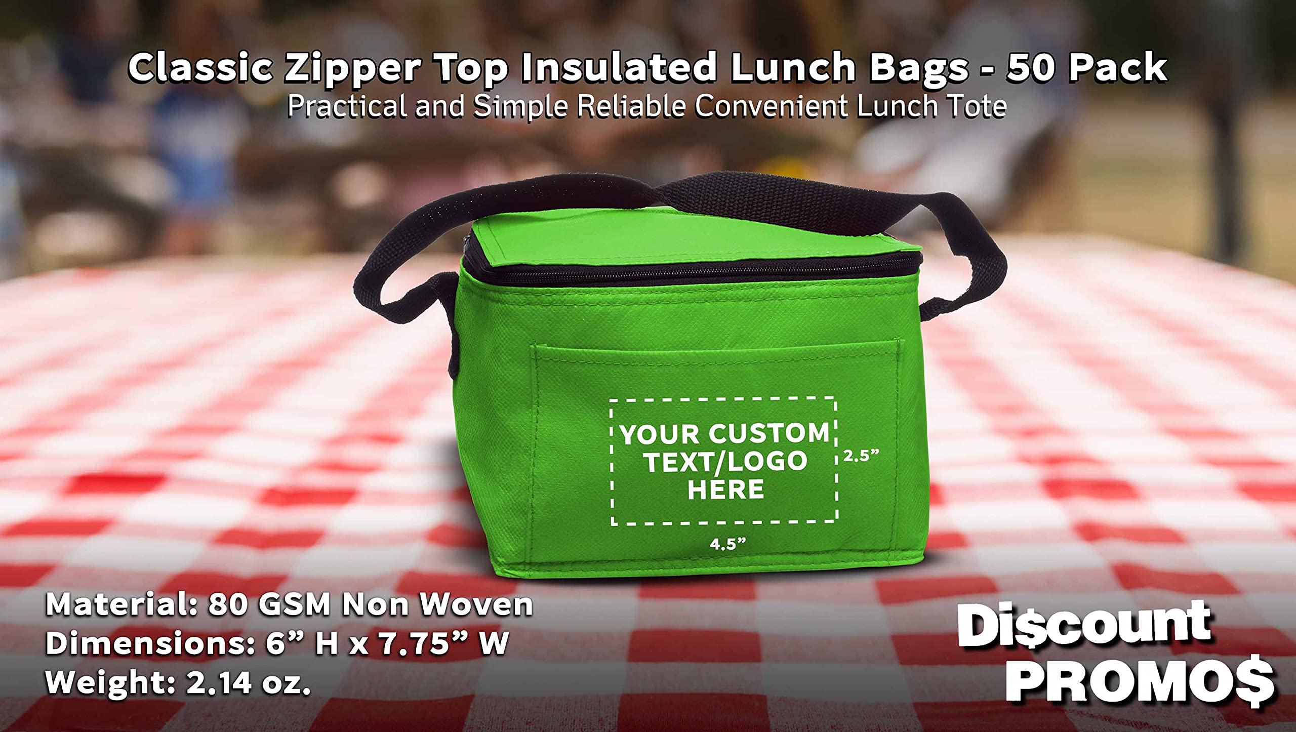50 Pack Insulated Lunch Bags with Zipper Top - Custom Text & Logo Printing - Non-Woven Fabric, Vibrant Colors & Black Strap - Perfect for Office, School, Picnics & Meal Prep - Lime Green