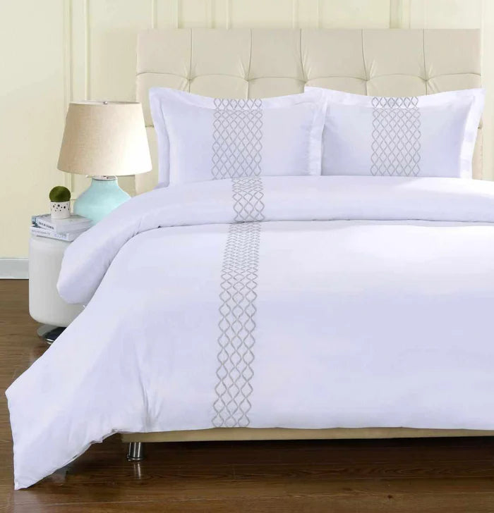 Hannah Geometric Embroidered Solid Duvet Cover Set - Queen Size Bedding Set with Pillowcases - Modern Boho Chic Home Decor for Master Bedroom & Guest Room