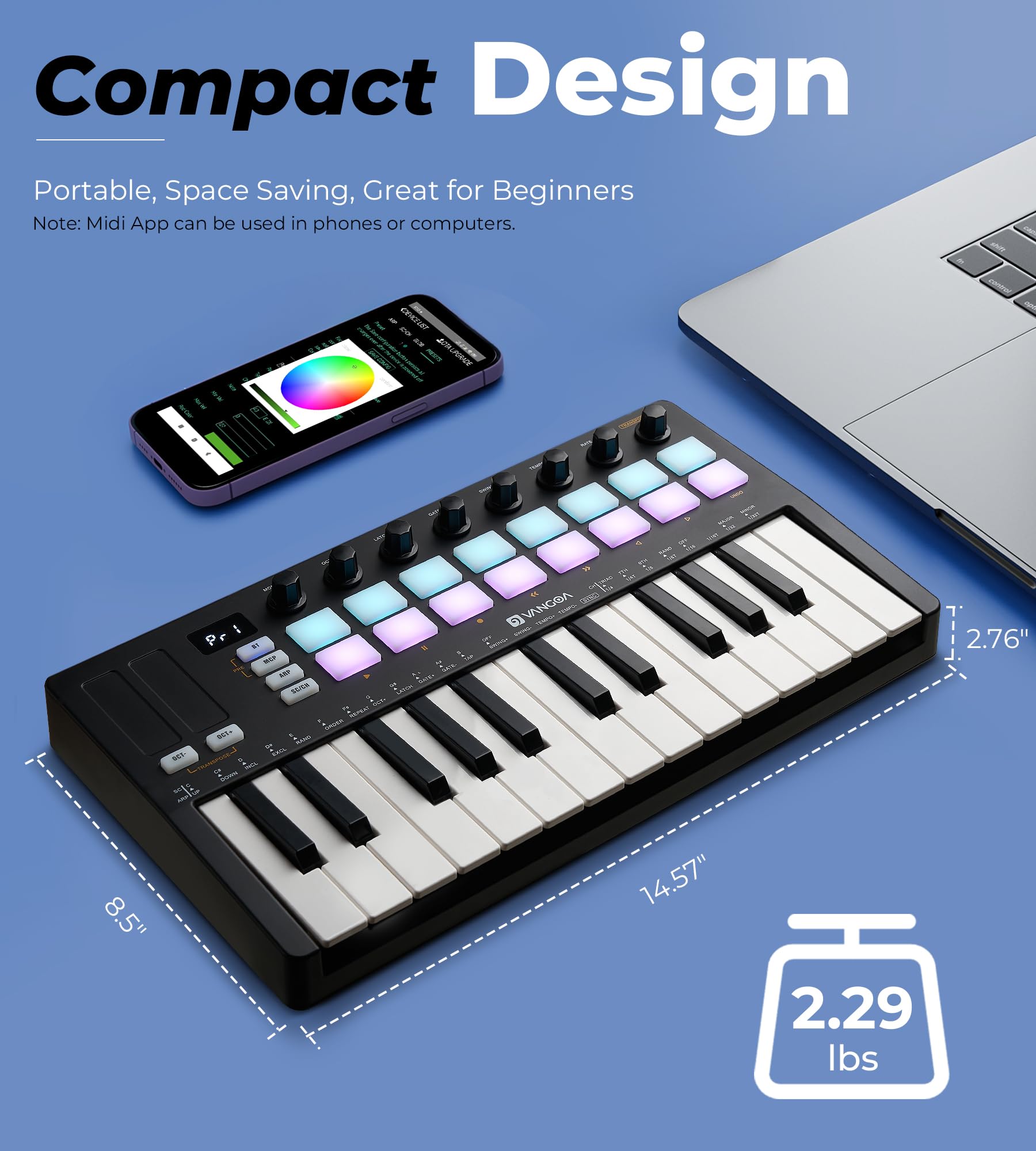 Vangoa 25-Key MIDI Pad Controller with 16 RGB Drum Pads - Wireless Beat Maker Machine for Music Production, Computer Recording & DJ Performance | Perfect for Beginners & Home Studio Music Making