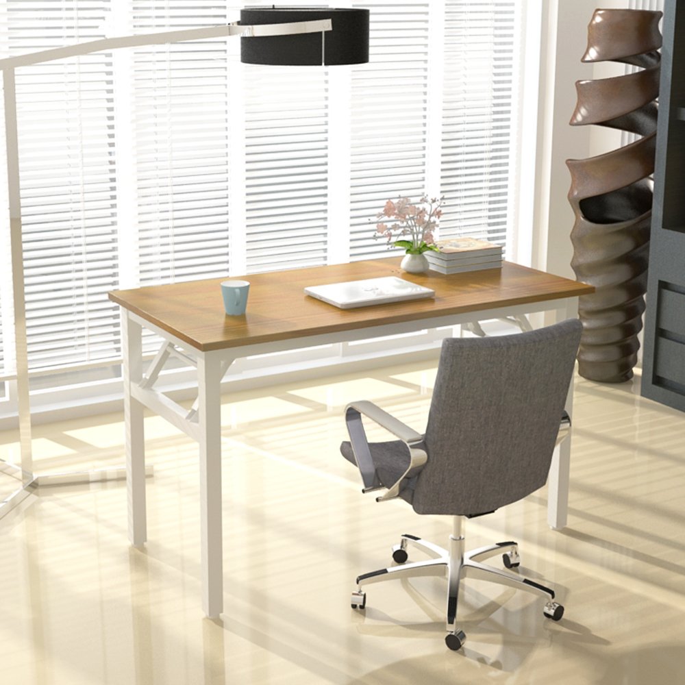 SogesPower 47-inch Folding Computer Desk - Sturdy Fully Assembled Writing Desk for Home Office, Teak & White Legs - Space-Saving Workstation for Small Rooms & Apartments