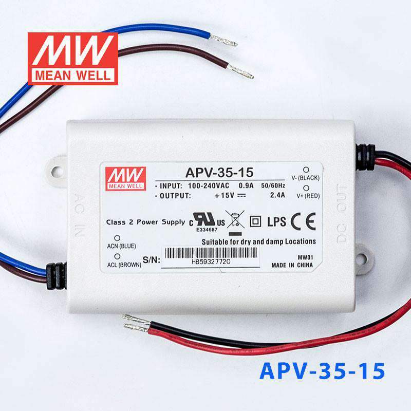 Mean Well APV-35-15 36W 15V AC/DC Power Supply - Reliable Switching Power Converter for LED Displays, Security Cameras & Industrial Equipment