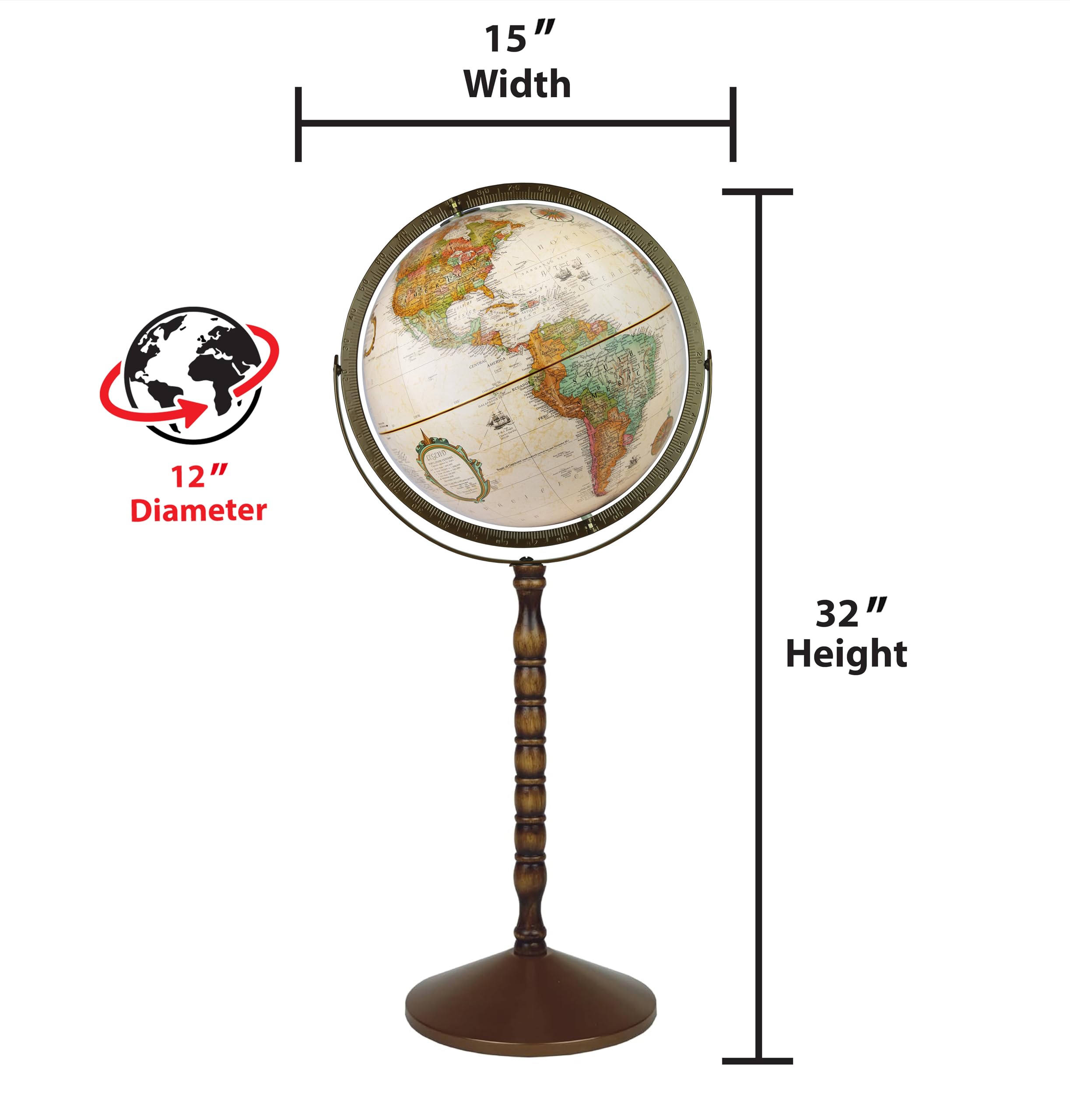 Replogle Treasury 12 Inch Antique Convertible Globe - Floor & Desktop Geographic World Map for Home Office, Classroom Decor & Geography Learning