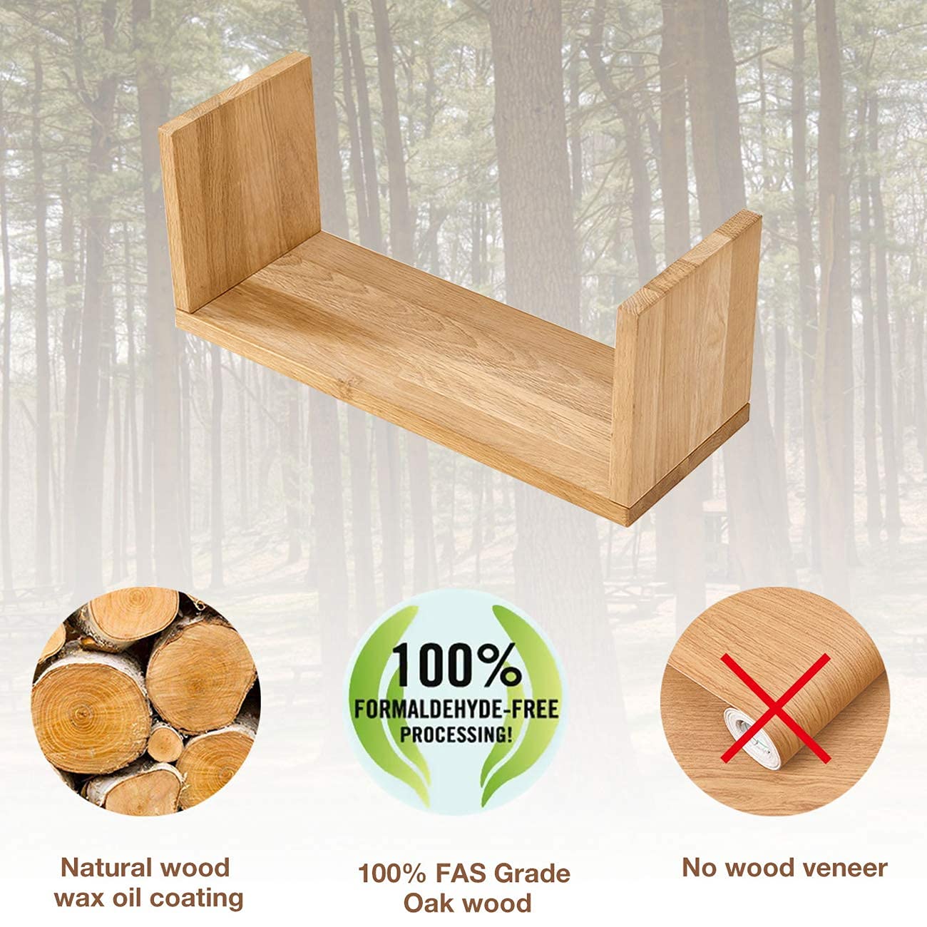 Premium FAS Grade Oak Solid Wood Floating Shelf - U Shape Wall Mounted Bookshelf for Bedroom, Living Room, Bathroom, Office & Kitchen - Natural Finish 16 Inch - Space Saving Home Decor & Storage Solution
