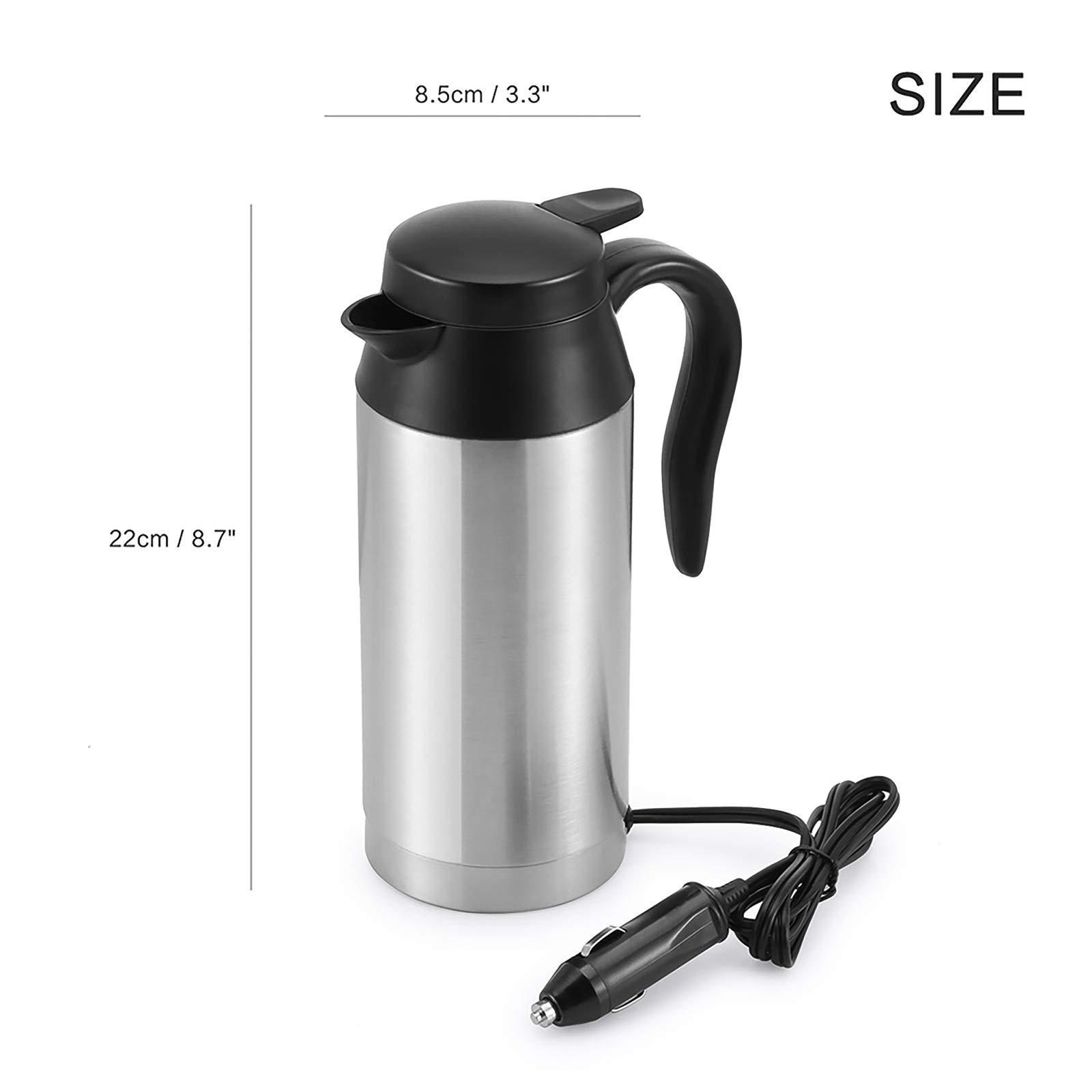 S SUNSBELL 750ml Portable Car Kettle - 12V DC Stainless Steel Travel Mug with Heater for Coffee, Tea & Hot Water - Perfect for Road Trips, Camping & Office Commutes