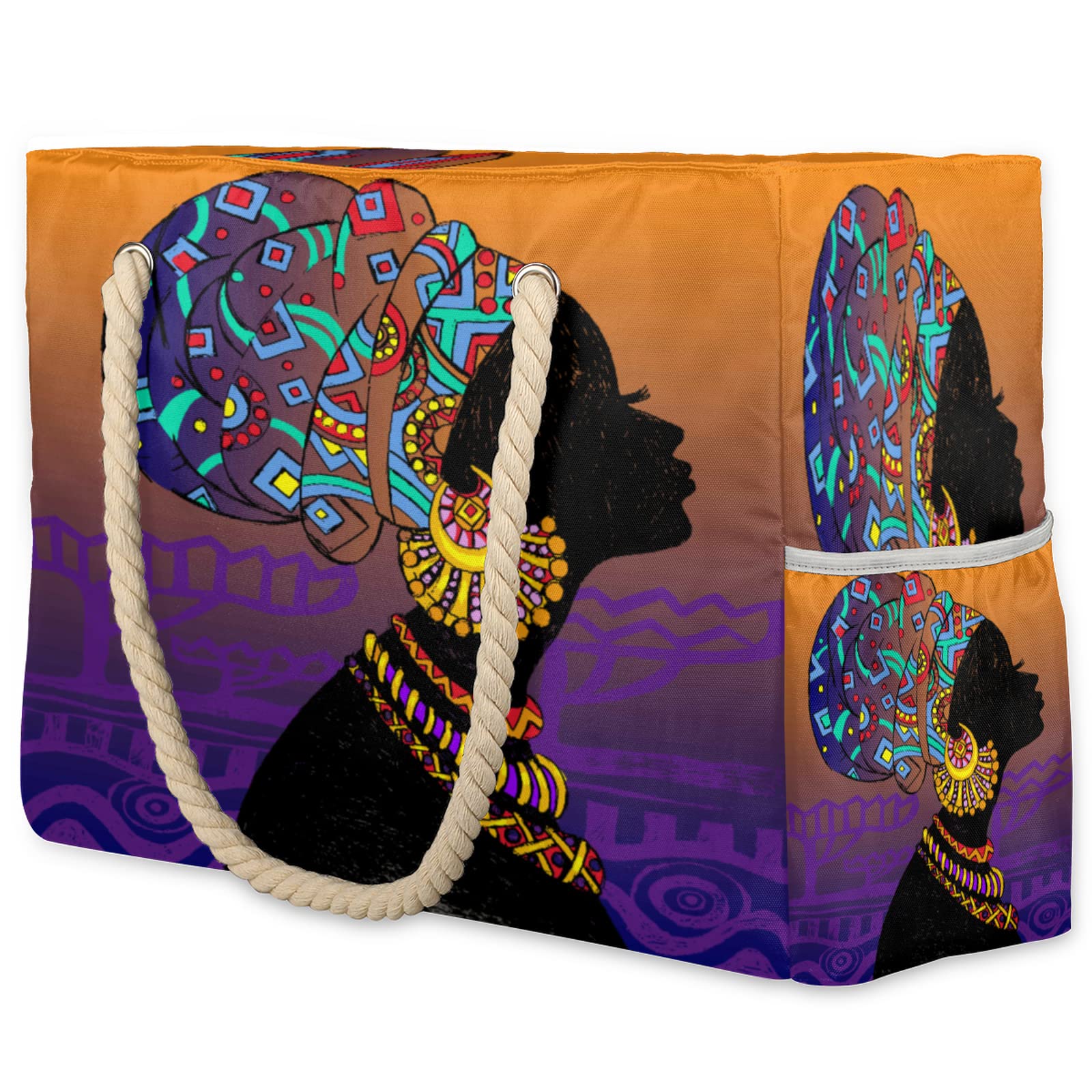 Large Waterproof Beach Tote Bag - African Print Sandproof Pool Bag with Zipper & Rope Handles - Spacious Shoulder Bag for Women, Travel, Gym & Beach Essentials | Perfect for Vacation, Swimming & Summer Outings