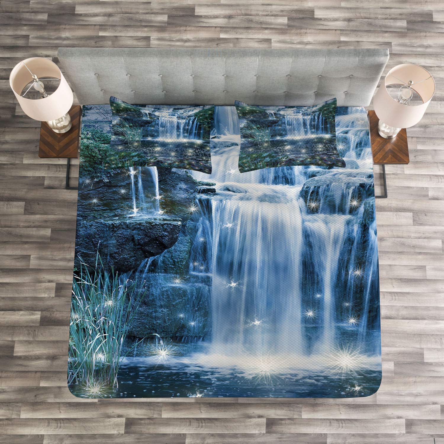 Ambesonne Magic 3-Piece King Size Bedspread Set with Water Landscape Print - Includes Decorative Coverlet & 2 Pillow Shams in Grey Green | Perfect for Master Bedroom, Guest Room & Coastal Themed Decor