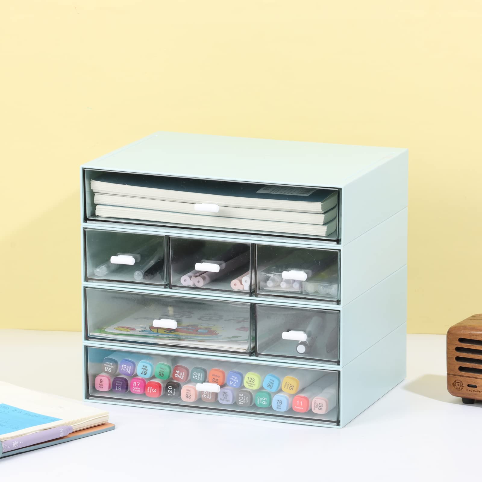 7-Drawer Stackable Plastic Desk Organizer for Office Supplies, Makeup & Skincare Storage - Blue | Workspace & Bathroom Organization Solution