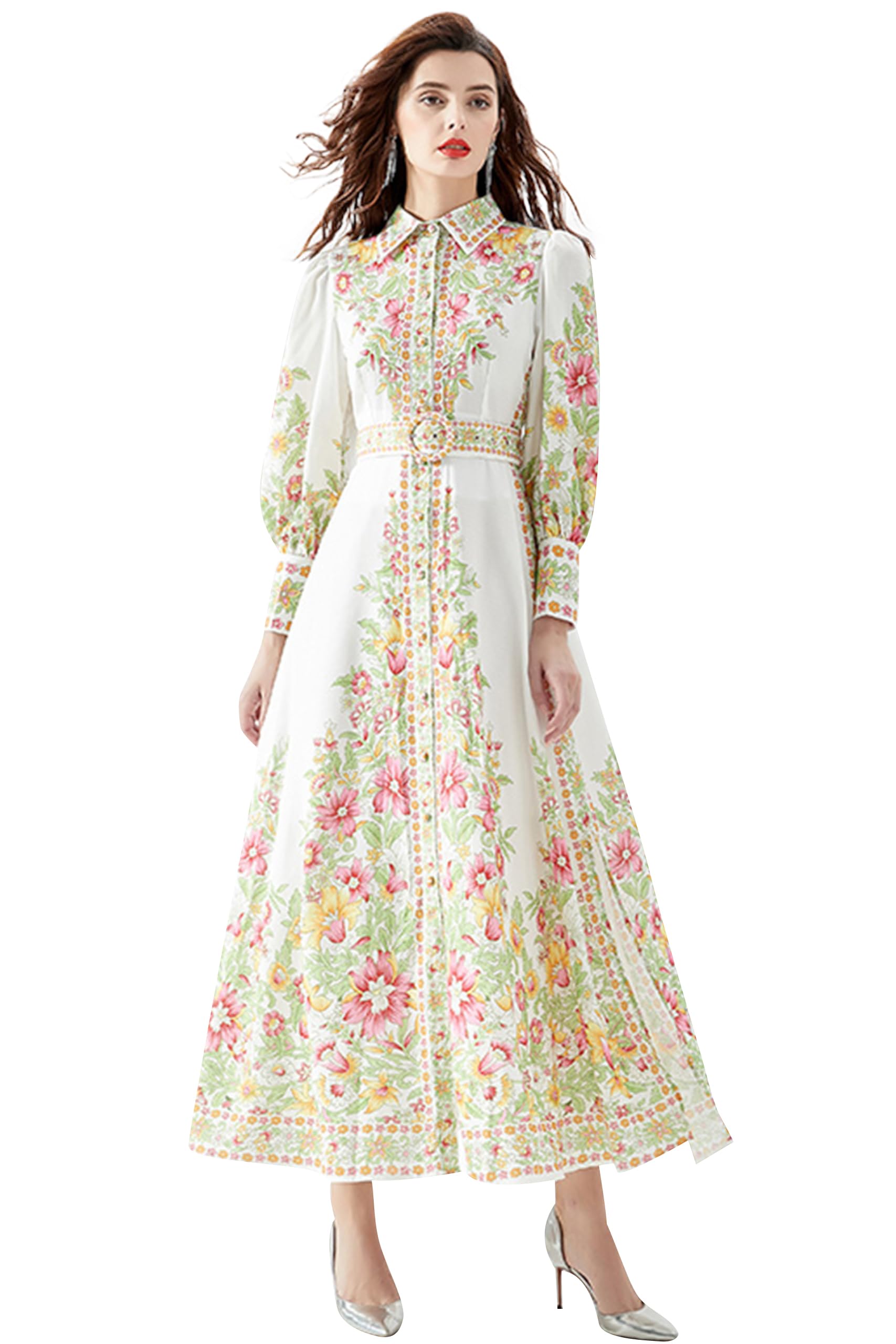 Women's Floral Print Maxi Dress with Belt - Casual Button Up Long Dress with Side Slit - Perfect for Beach, Vacation & Summer Outfits