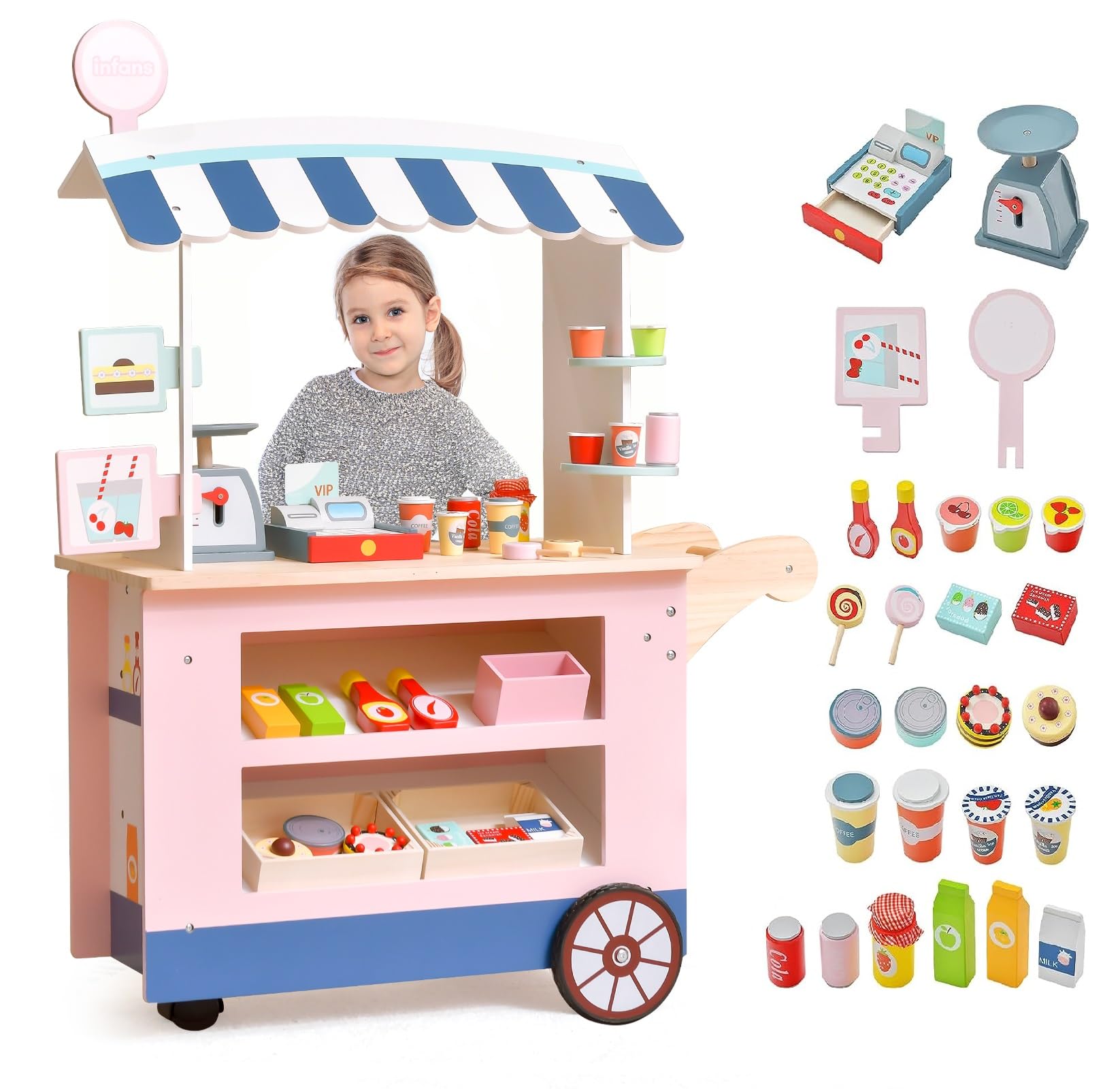 INFANS Wooden Grocery Store Pretend Play Set - Kids Market Stand Toy with Cash Register, Food Scale, 30 Accessories - Educational Role Play for Ages 3+ | Perfect for Preschool Learning & Family Game Night