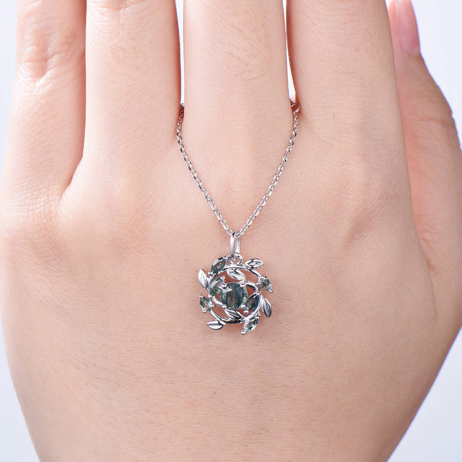 5mm Round Moss Agate Necklace - Nature Inspired Green Agate Pendant with Marquise & Pear Cut | Flower & Snowflake Design | Unique Anniversary Gift for Women | Perfect for Weddings, Date Nights & Special Occasions