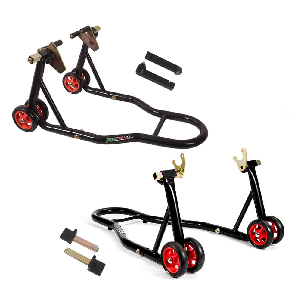MOTO4U Universal Motorcycle Front & Rear Wheel Lift Stand Combo - Swingarm Spool Paddock Stand for Bike Maintenance (Red Wheel) - Perfect for Garage, Workshop & DIY Motorcycle Repair