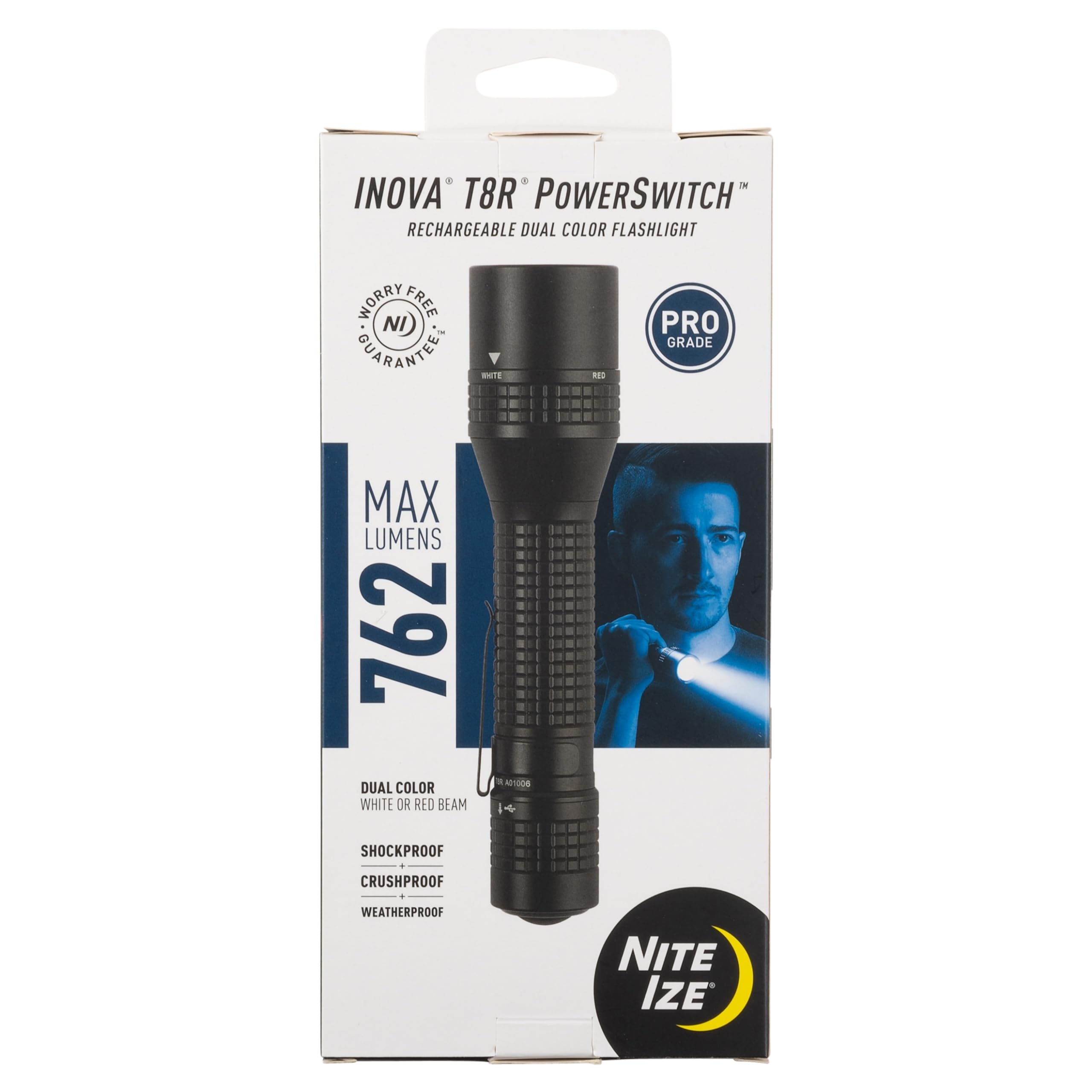 Nite Ize INOVA T8R PowerSwitch Rechargeable Dual Color Tactical LED Flashlight - 1200 Lumen Brightness for First Responders, Law Enforcement & Outdoor Adventures - USB-C & Battery Powered with Strobe & SOS Mode - Perfect for Camping, Hiking, Emergency Kits & Night Security