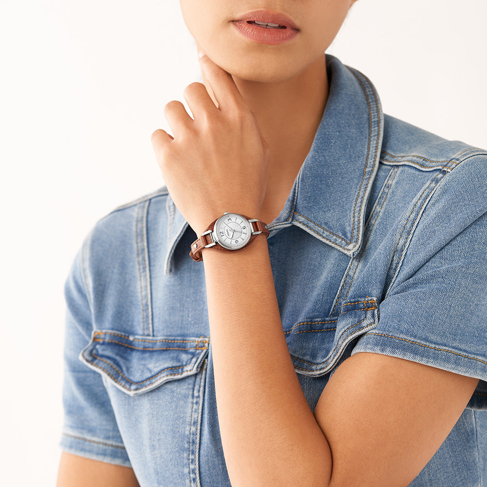 Fossil ES5214 Carlie Stainless Steel Watch for Women - Elegant Analog Quartz Timepiece with Leather Strap, Perfect for Work, Casual & Special Occasions