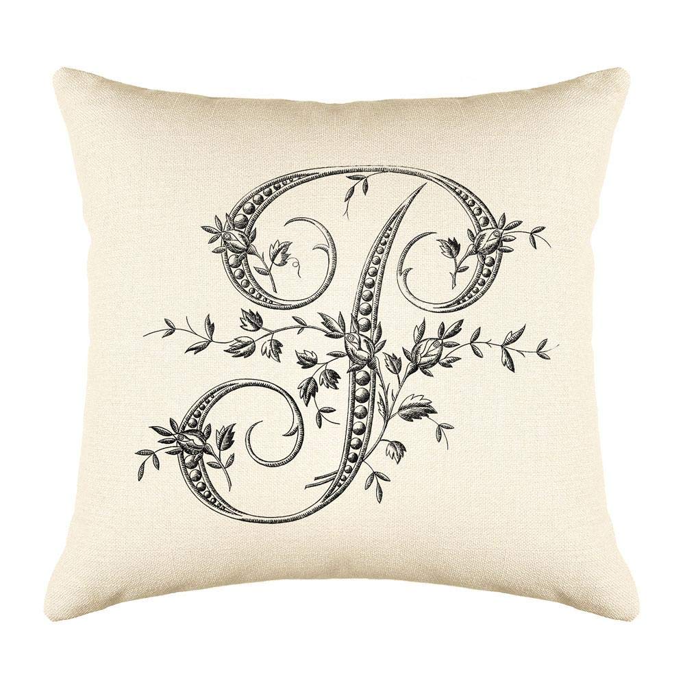 Vintage French Monogram Letter P Woven Cotton Blend Throw Pillow Cover 16x16 Inch - Linen Cream Cushion Case for Sofa, Couch, Bed - Home Decor & Living Room Accent