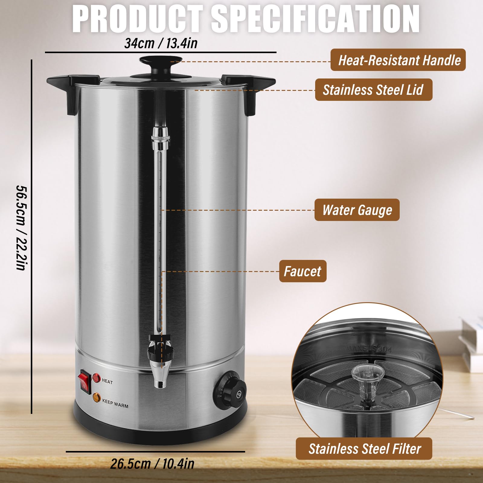Commercial Coffee Urn 110V 1400W Stainless Steel Electric Coffee Maker - Adjustable Temperature 86-230°F for Hot Coffee, Tea & Cocoa - Perfect for Home, Office, Cafes & Catering Events