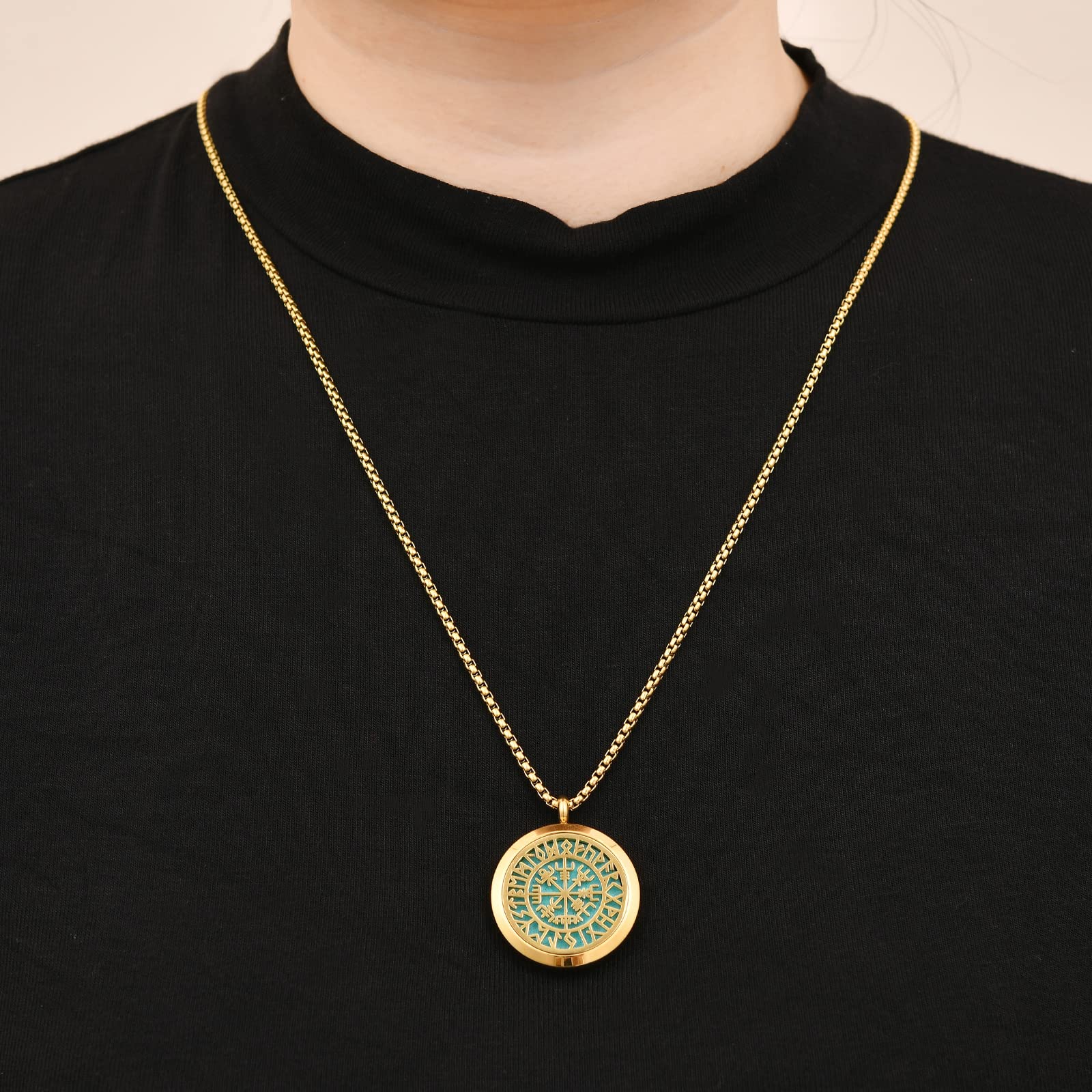 Norse Vikings Amulet Essential Oil Diffuser Necklace - Stainless Steel Aromatherapy Locket for Women - Gold Scent Jewelry for Stress Relief, Yoga & Meditation Accessories