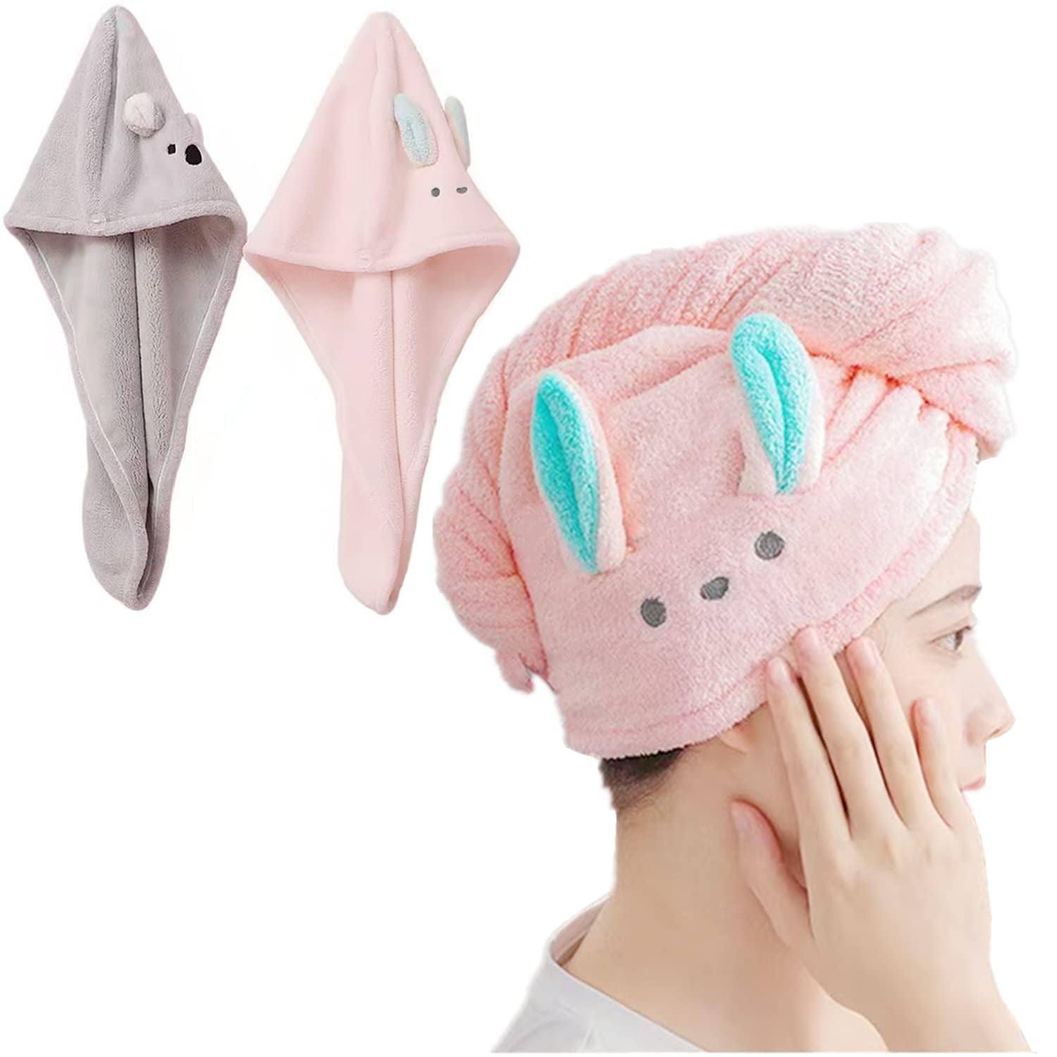 Super Absorbent Microfiber Hair Towel Wrap - Quick Dry Hair Turban for Women & Girls (2 Pack, Pink & Grey) | Soft Hair Drying Cap for Shower, Spa, Salon & Home Use