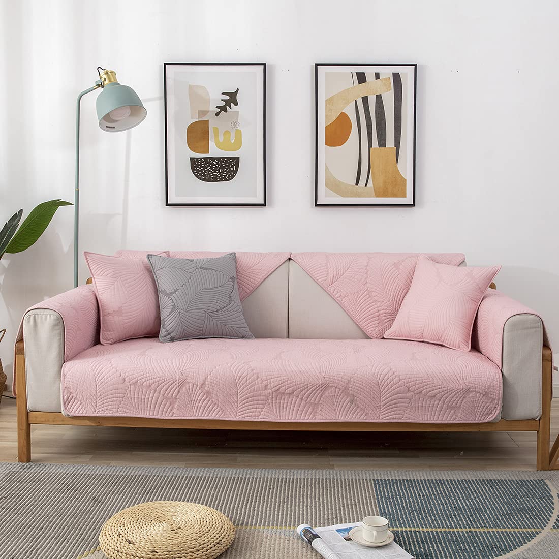 VCTOPS Non-Slip Palm Leaf Embroidery Cotton Sofa Cover for Sectional Couches - Pet Friendly Slipcover for Dogs & Cats - Fits L-Shaped Leather Sofas, Recliners & Love Seats (Pink, 43