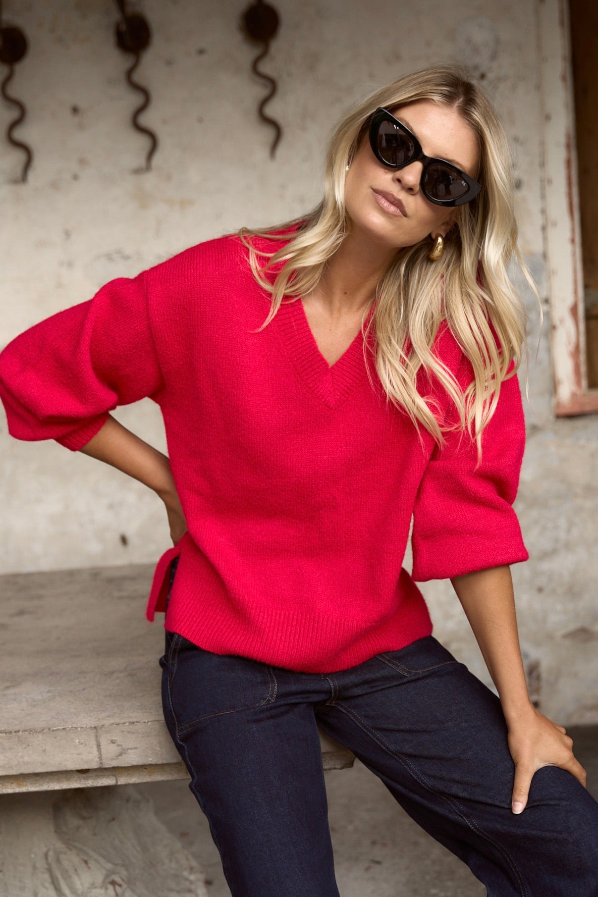Harvest Red V-Neck Knit Sweater for Women - Soft & Cozy Pullover - Perfect for Fall & Winter Outfits, Casual Wear & Layering