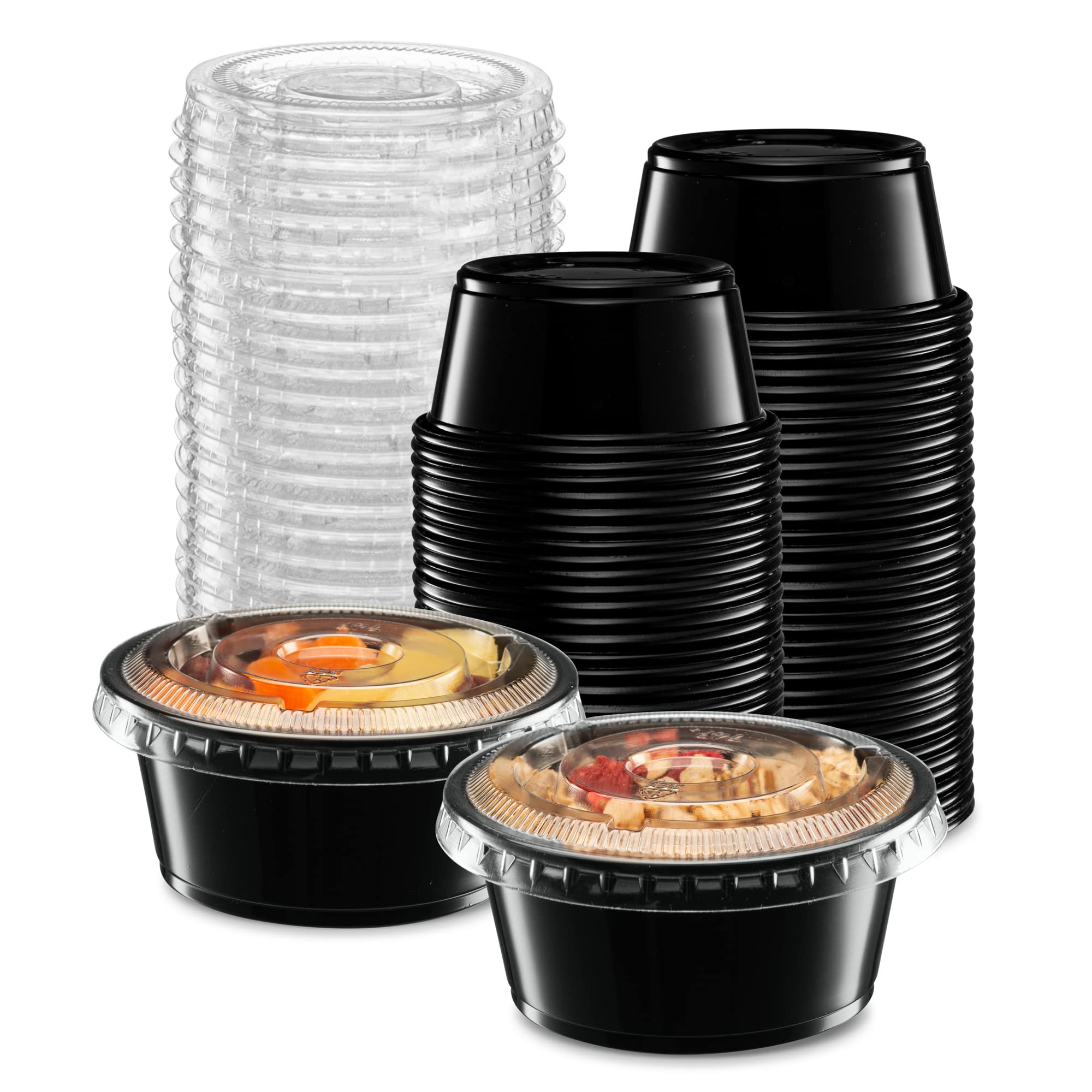 100-Pack 3.25 oz Black Disposable Plastic Portion Cups with Lids - Small Mini Containers for Portion Control, Jello Shots, Meal Prep, Sauces, Condiments, Dressings, Medicine, Crafts & Slime - Perfect for Parties, Restaurants, Catering & Home Use