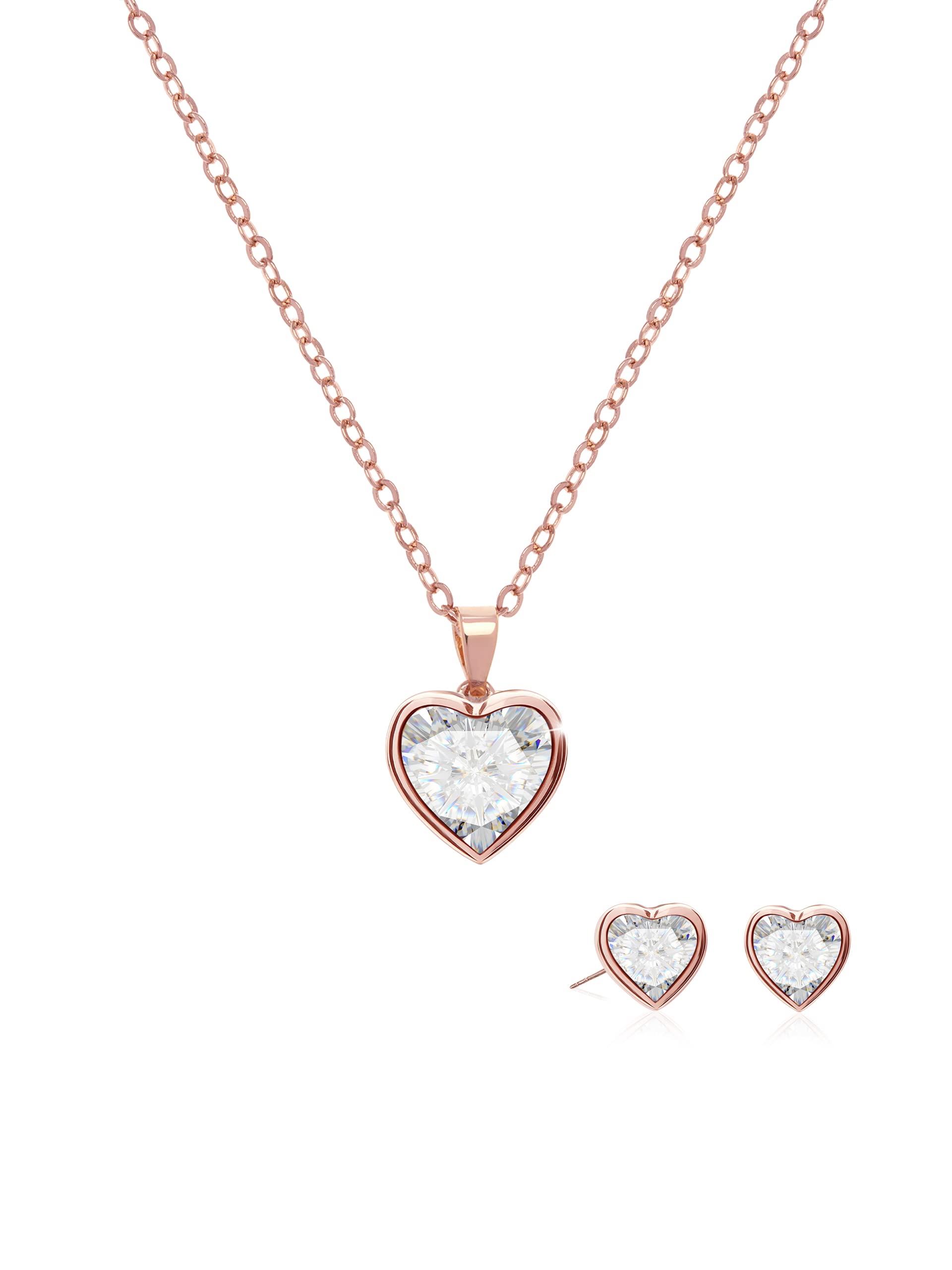 Rose Gold Plated Crystal Heart Necklace & Stud Earrings Set for Women - Elegant Jewelry Gift for Mother's Day, Birthday, Valentine's Day - Perfect for Date Night, Wedding, Anniversary & Special Occasions
