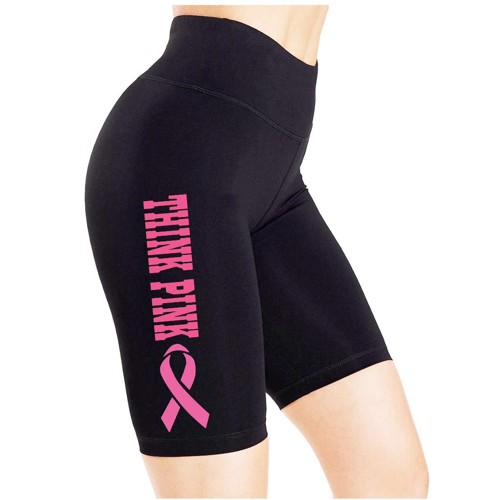 Koyotee Junior's Think Pink Breast Cancer Awareness Ribbon Black Biker Shorts Leggings - Comfortable Workout & Yoga Pants for Women, Perfect for Cycling, Running, and Gym