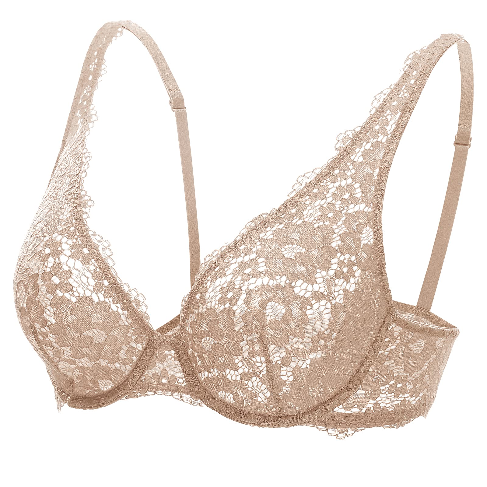 DOBREVA Women's Plus Size Lace Unlined Plunge Bra with Underwire - Sheer Full Coverage Bralette for Comfort & Support | Perfect for Everyday Wear, Date Nights & Special Occasions