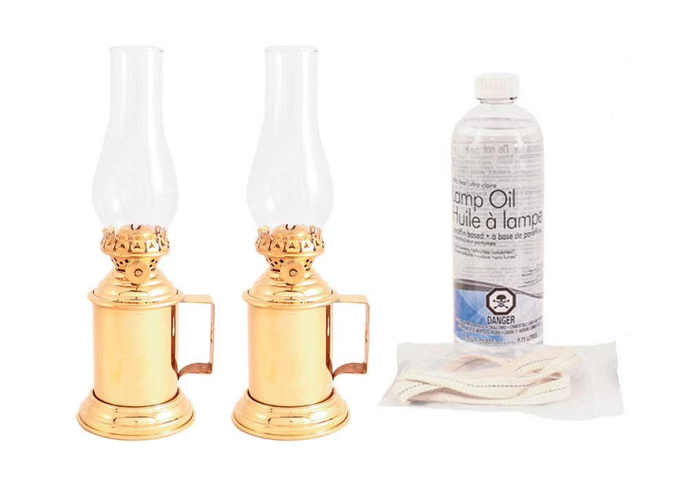 Vermont Brass Oil Lanterns Emergency Kit - 2 Pack Antique Tavern Oil Lamps with Wicks & Lamp Oil (Brass) for Camping, Power Outages & Home Decor