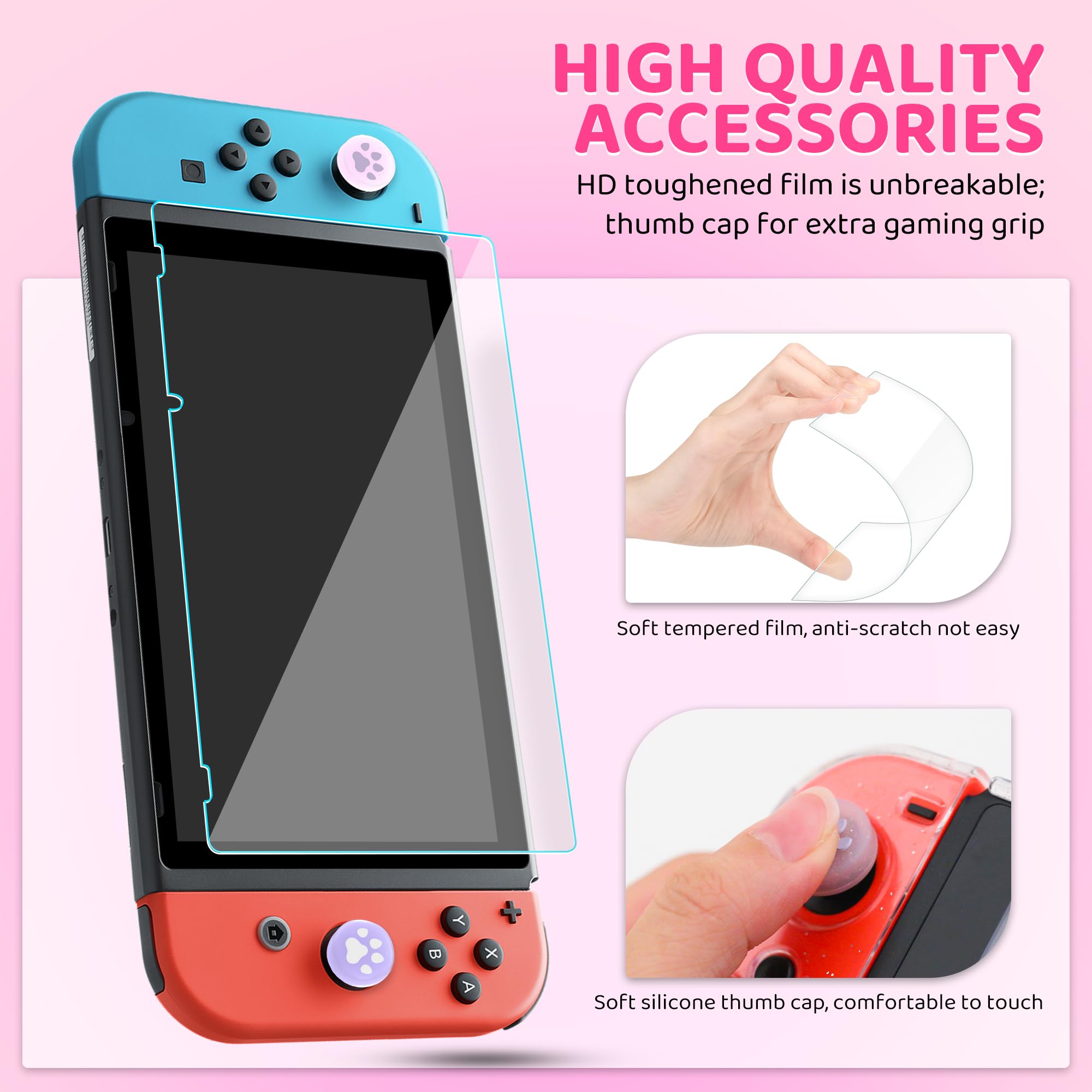 Glitter Pink Hard Travel Case for Nintendo Switch - Portable Protective Cover with Clear Glitter, Shoulder Strap & 2 Thumb Caps | Perfect for Gaming On-The-Go, Travel Protection & Switch Accessories Storage