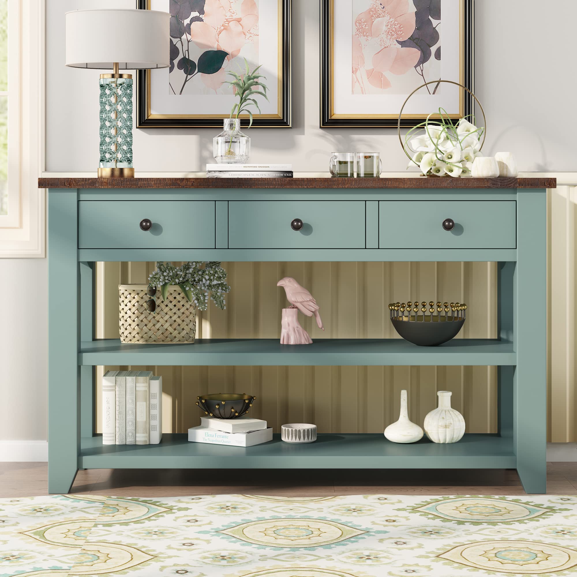 Modern Wood Console Table with 3 Drawers & 2 Shelves - Entryway Sofa Table, Hallway Sideboard, Living Room Buffet Table - Green (Perfect for Small Spaces & Home Decor)
