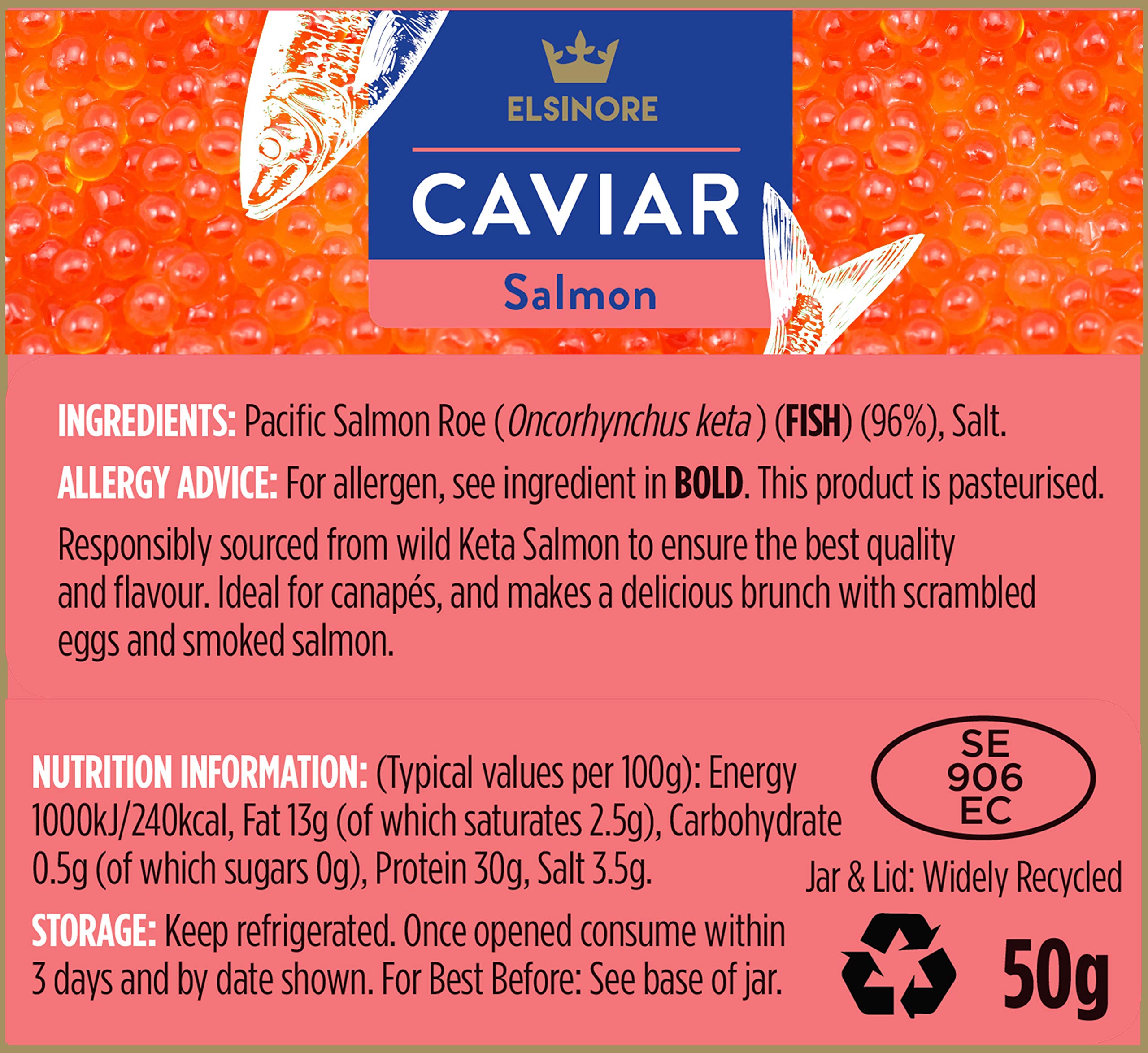 Premium ELSINORE Fresh Salmon Caviar 50g (Pack of 6 Jars) - Gourmet Seafood Delicacy for Special Occasions & Luxury Dining