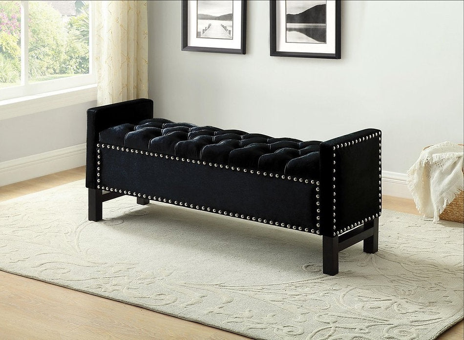 Black Velvet Storage Bench with Nailhead Trim - Stylish Entryway Seating & Shoe Organizer for Home Décor