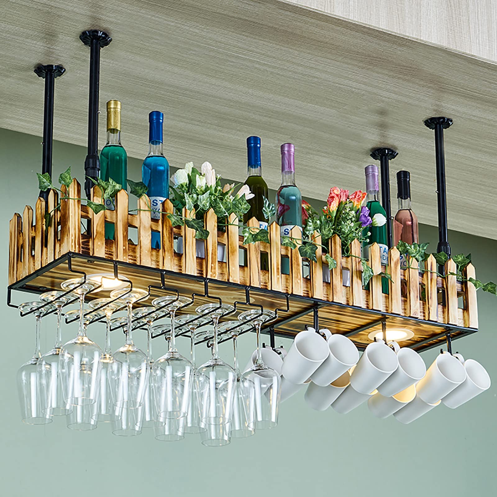 DASHADAO Adjustable Industrial Wine Glass Shelf with LED Lights - 60cm Ceiling Decorative Wine Rack for Home, Kitchen, Bar, Living Room & Office - Perfect for Wine Storage and Modern Interior Decor