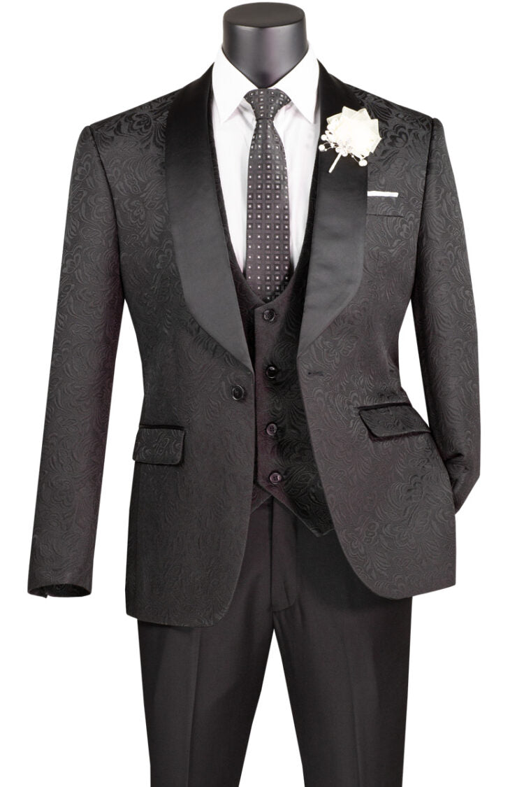 Black Slim Fit 3-Piece Jacquard Suit Set - Single Button Vest & Tuxedo Pants for Men | Formal Wear for Weddings, Prom & Business Events