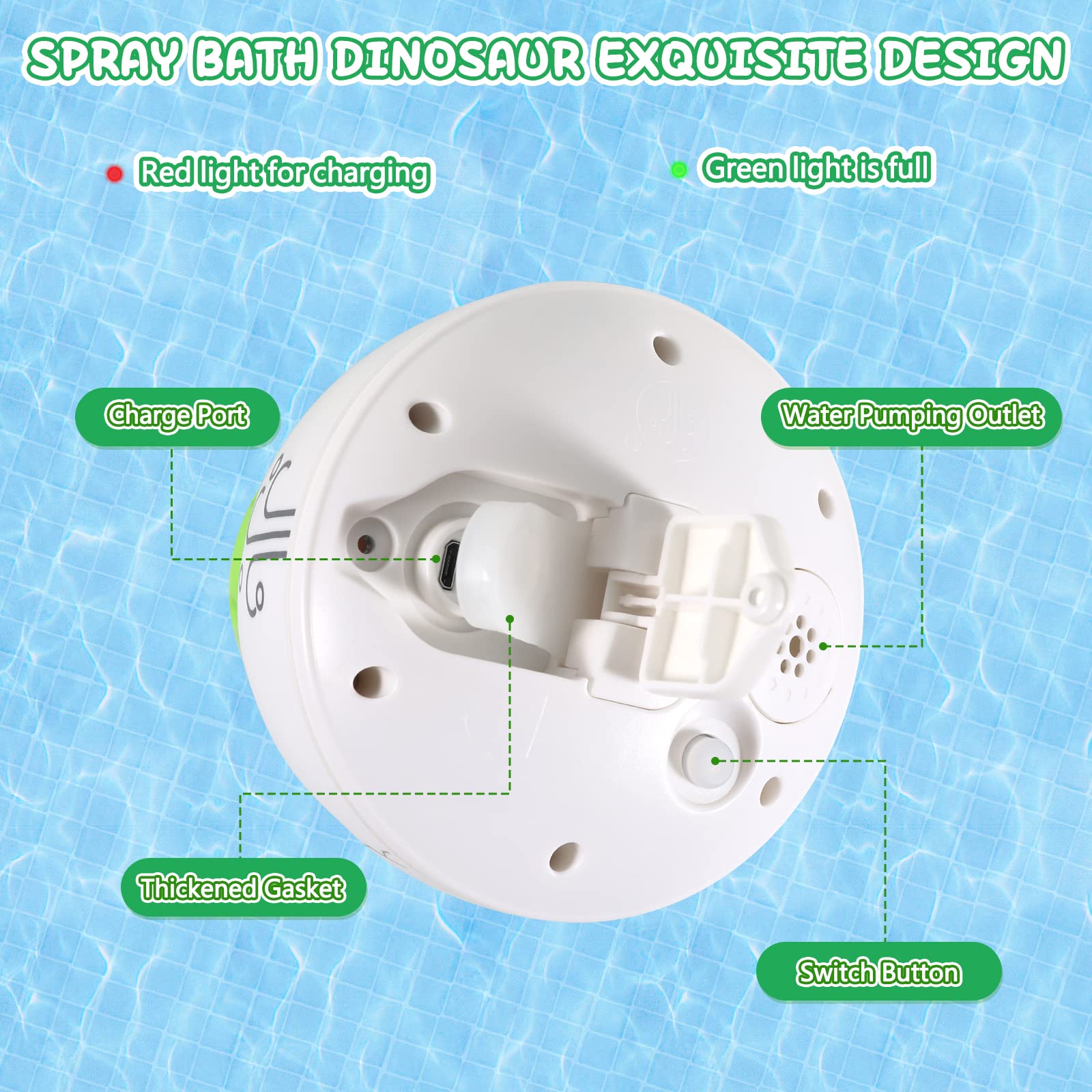Rechargeable Baby Bath Toys - Funny Water Squirting Dinosaur Bath Toys with LED Lights, 1200mAh Long-Lasting Battery (150+ Minutes) - Toddler Bathtub Toys for Boys & Girls, Summer Pool Bathroom Toys (Dark Green) | Perfect for Bath Time Fun, Sensory Play & Summer Water Activities