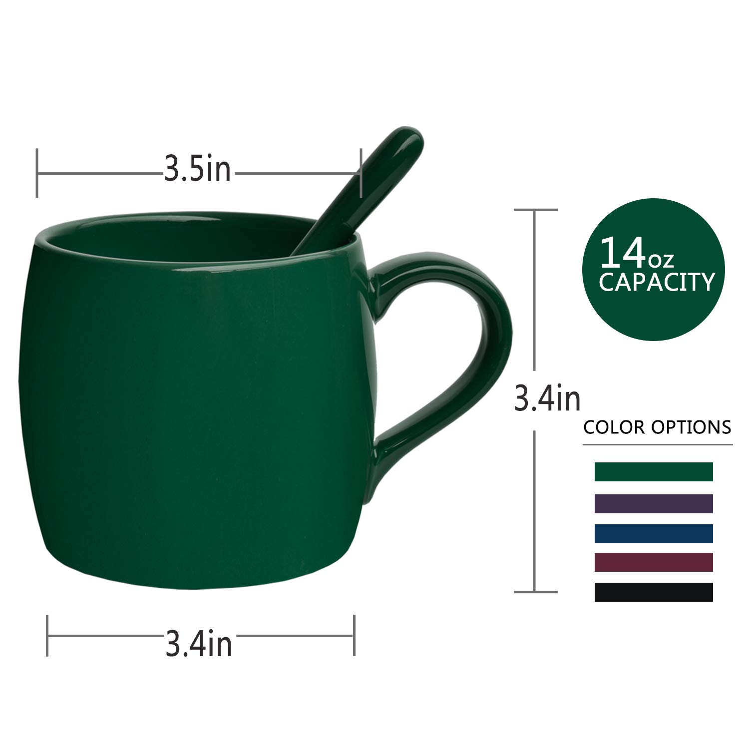 Premium Ceramic Coffee Mug with Spoon - 14oz Green Tea Cup for Office & Home Use - Dishwasher & Microwave Safe - Glossy Finish - Ideal for Coffee, Tea, Hot Chocolate & Soups (1 Pack)