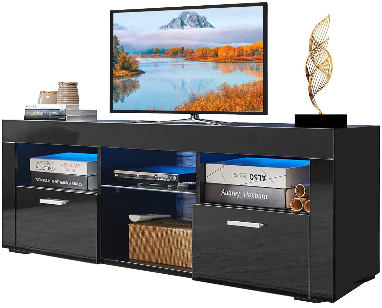 Modern TV Stand for 55-60 Inch TVs with LED Lights - High Gloss Entertainment Center with 2 Flip Cabinets, LED Media Console Table for Living Room - Perfect for Home Theater Setup & Stylish Living Room Decor
