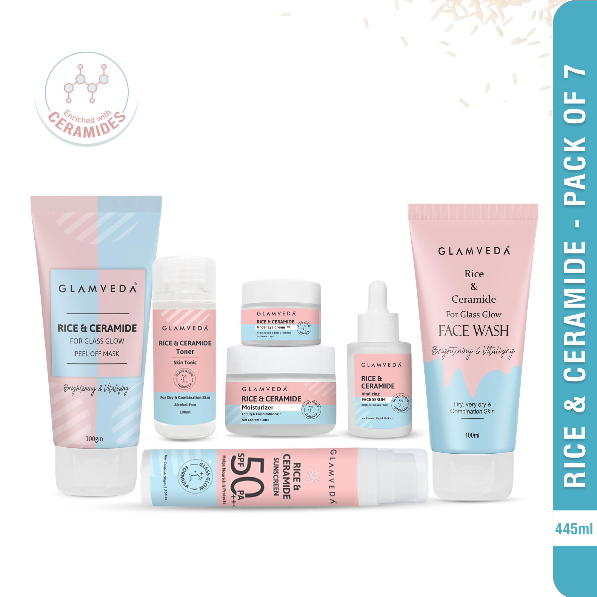 Glamveda Korean Rice & Ceramide 7-Step Skincare Set for Women - Face Wash, Peel Off Mask, Toner, Serum, Eye Cream, Moisturizer & Sunscreen with Gift Box | Hydrating & Anti-Aging Routine for Dry & Sensitive Skin | Perfect for Daily & Nighttime Skincare Regimen