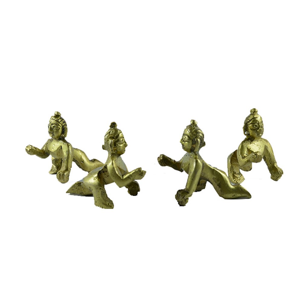 Brass Lord Krishna Laddoo Gopal Statue Set of 4 - Hindu God Idols for Home Temple Pooja & Spiritual Decor