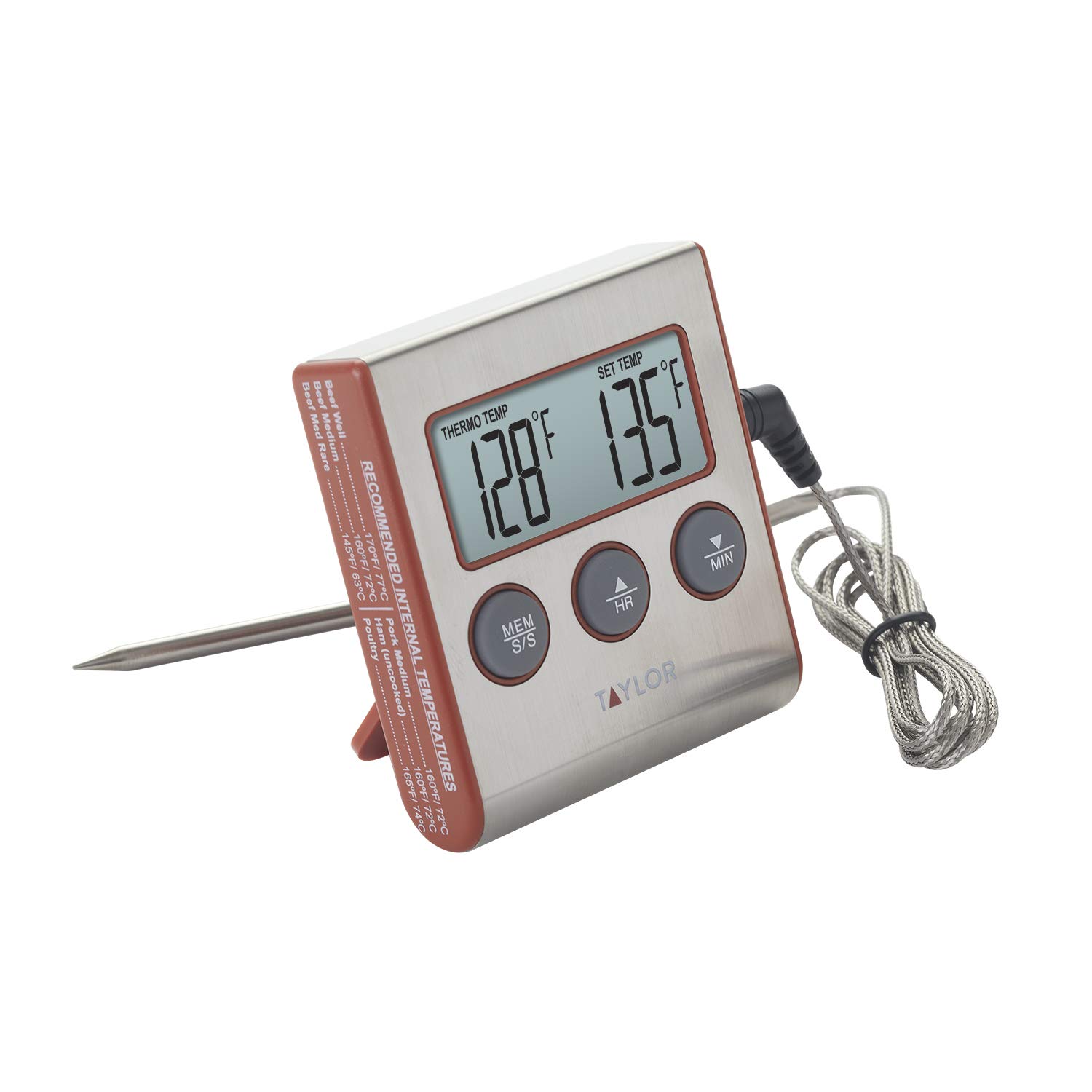 Taylor Instant Read Digital Meat Thermometer with Wired Probe, Timer & Alarm - Perfect for Grilling, BBQ, Cooking, Baking & Kitchen Use (Red)