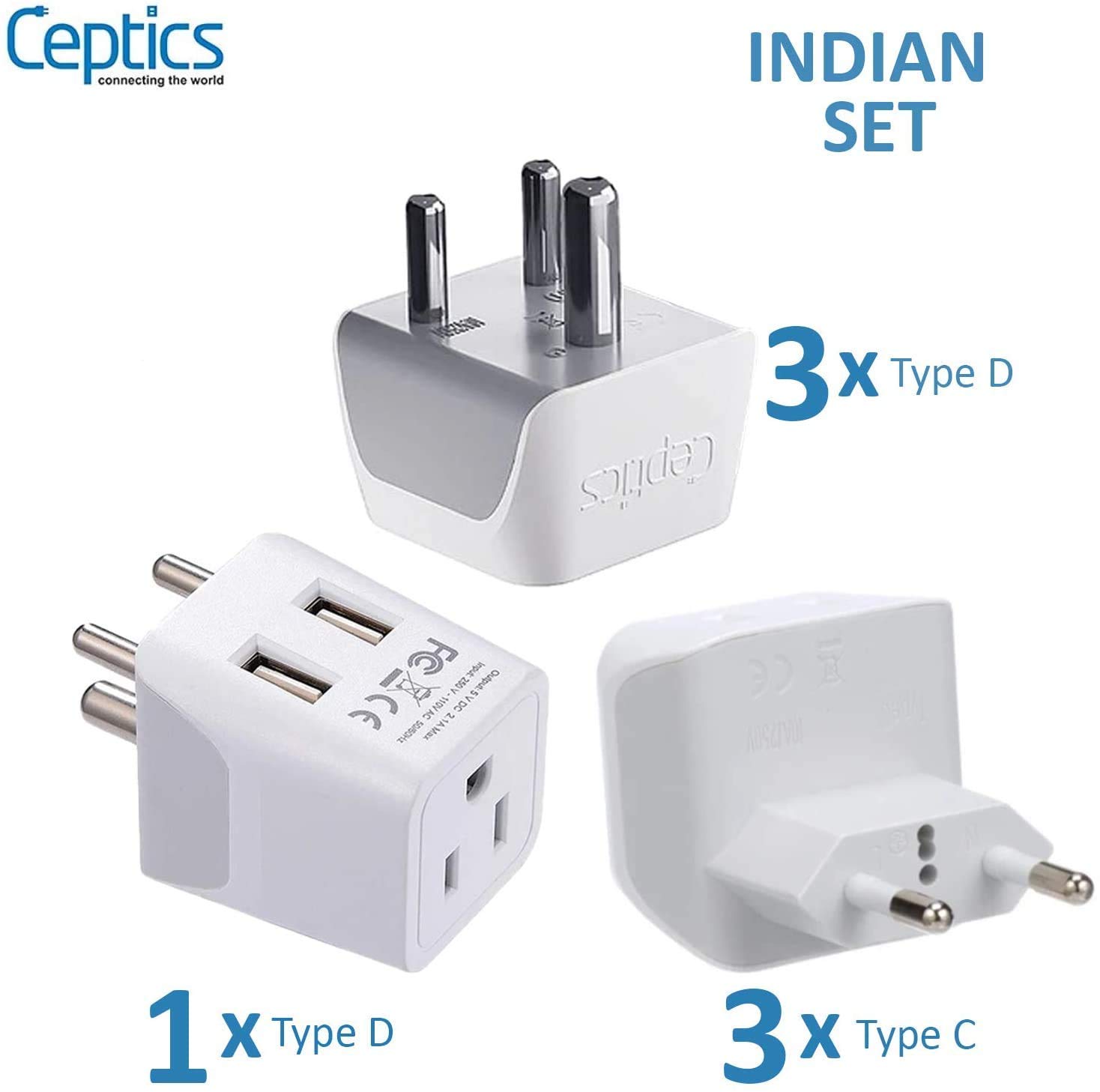 Ceptics India Travel Adapter Bundle - Universal Type C & D Plug for USA to India, Maldives, Pakistan, Nepal - Charge iPhone, Android Phones, Tablets, Cameras - Perfect for Business Trips & Family Vacations
