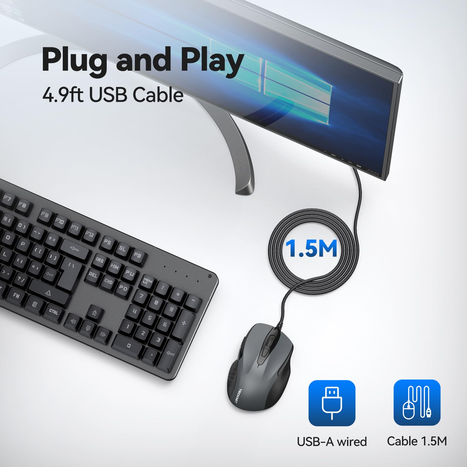 TECKNET Ergonomic USB Wired Mouse - 6 Button Corded Computer Mouse with 4 Adjustable DPI (800/1200/1600/2400), 5FT Long Cable for PC, Laptop, Mac, Chromebook - Perfect for Office Work, Gaming & Home Use (Gray)