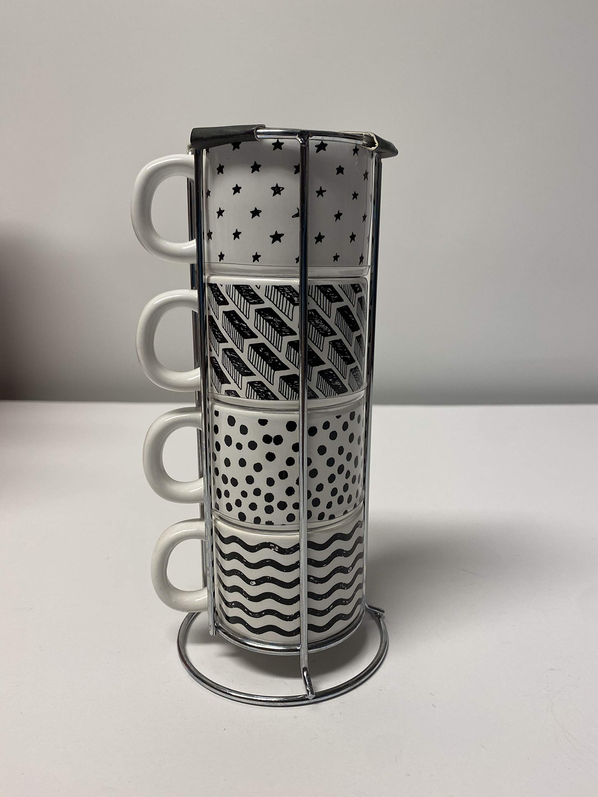 Premium Set of 4 Espresso Mugs with Stainless Steel Holder - 2.3 oz Small Coffee Cups - Perfect for Home, Office & Coffee Shop Use